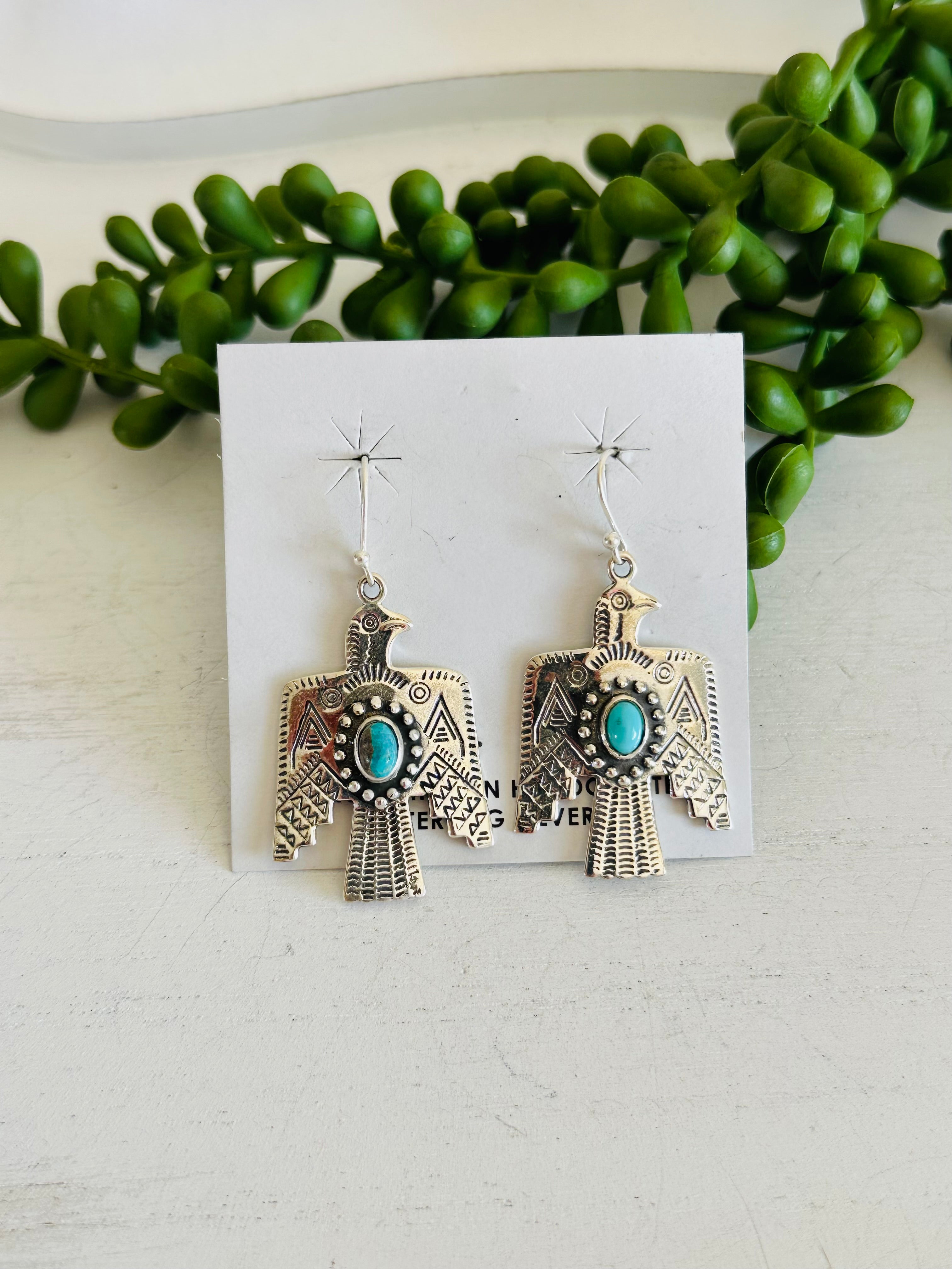 Southwest Handmade Kingman Turquoise& Sterling Silver Dangle Thunderbird Earrings