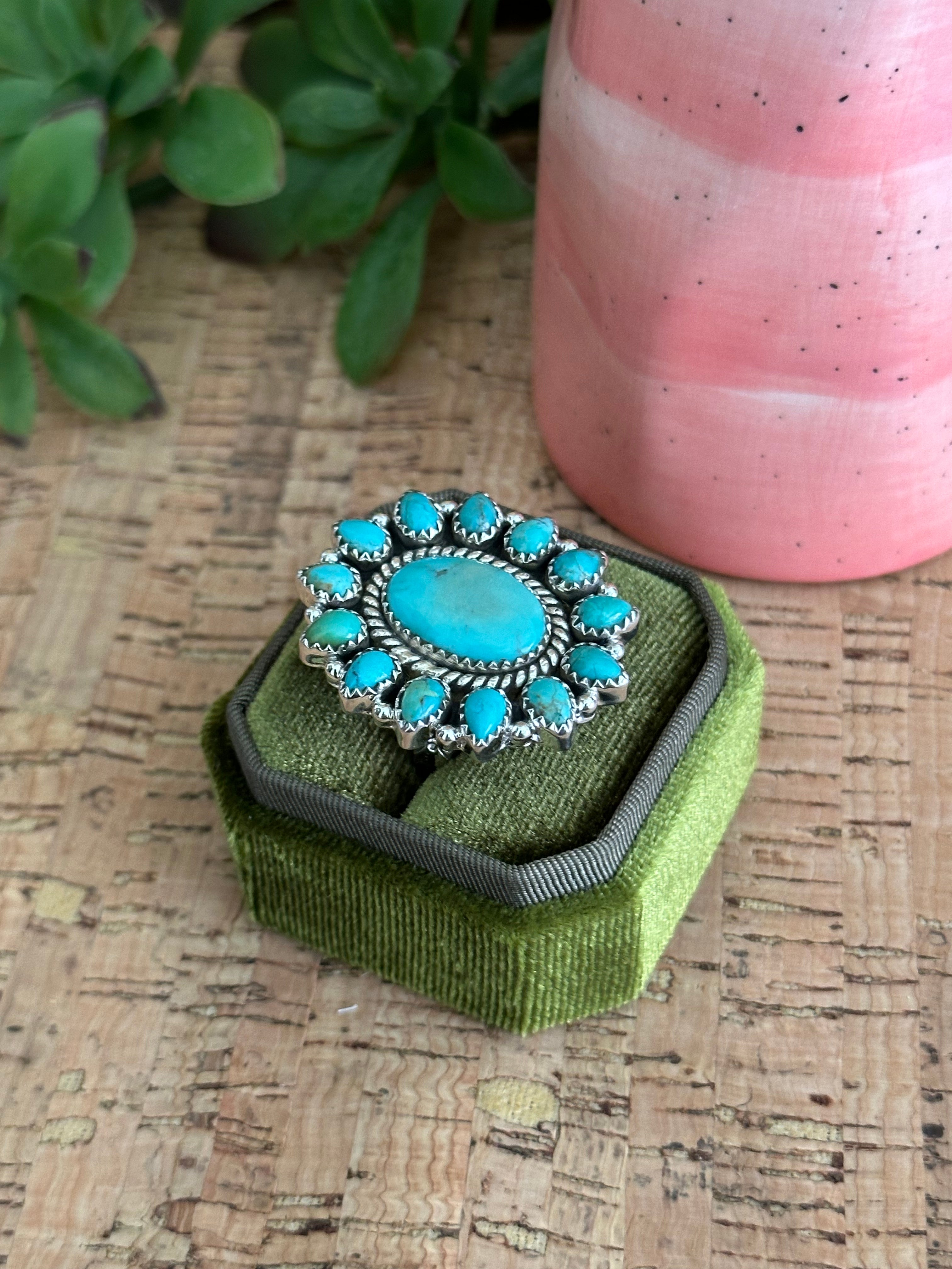 Southwest Handmade Kingman Turquoise & Sterling Silver Adjustable Cluster Ring