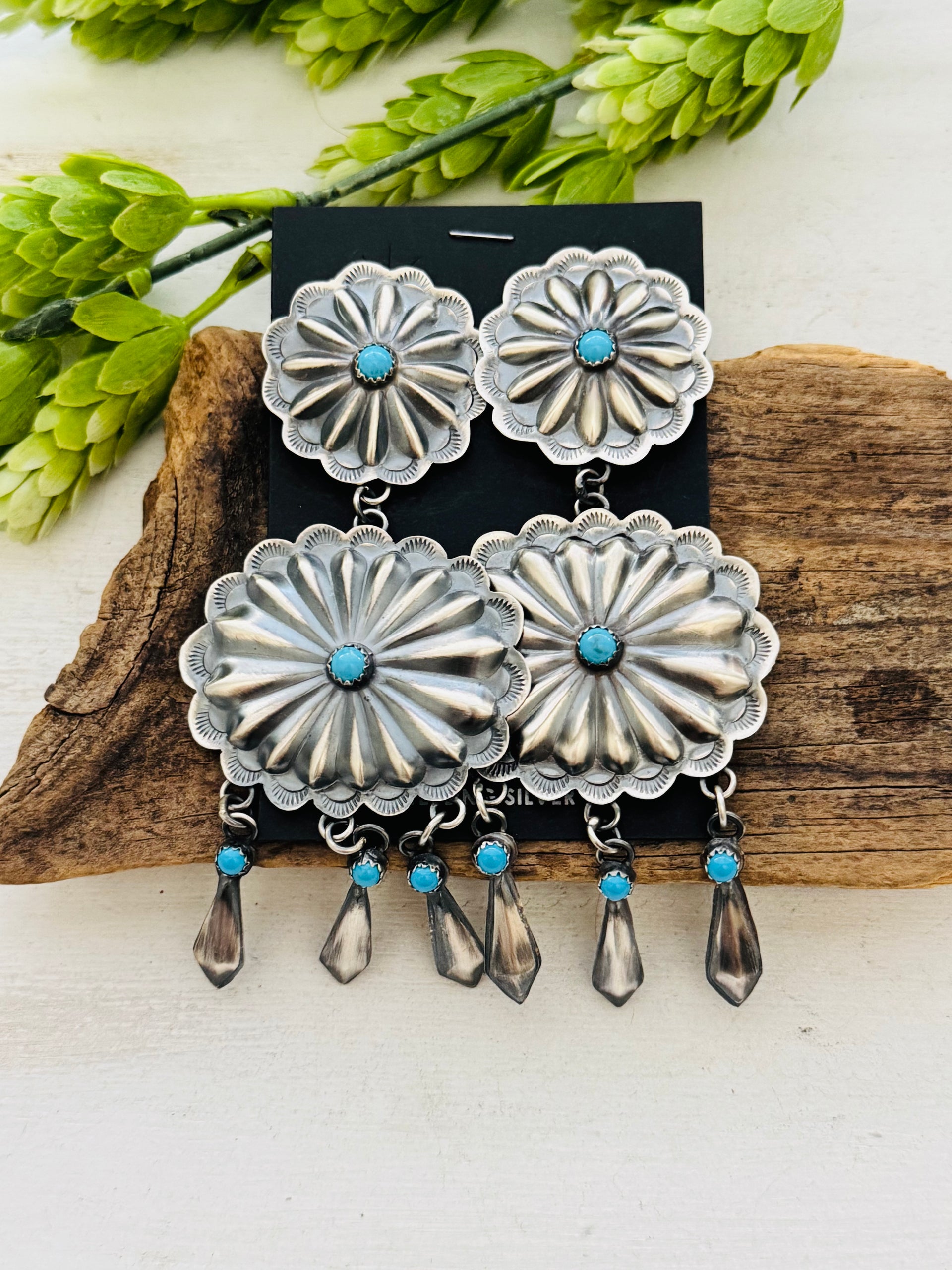 Navajo Made Kingman Turquoise & Sterling Silver Post Dangle Concho Earrings