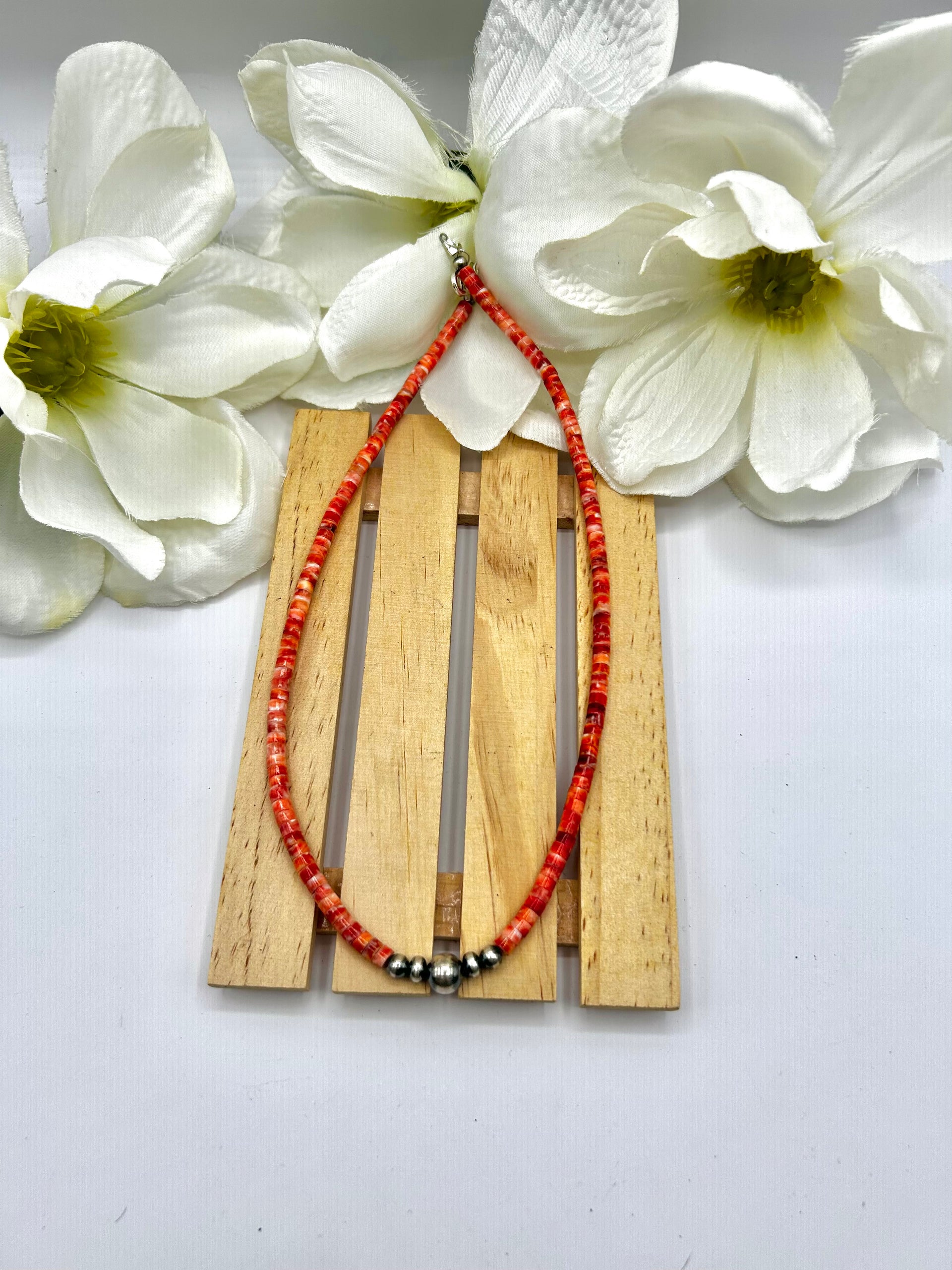 Navajo Made Strung Spiny Oyster & Sterling Silver Necklace