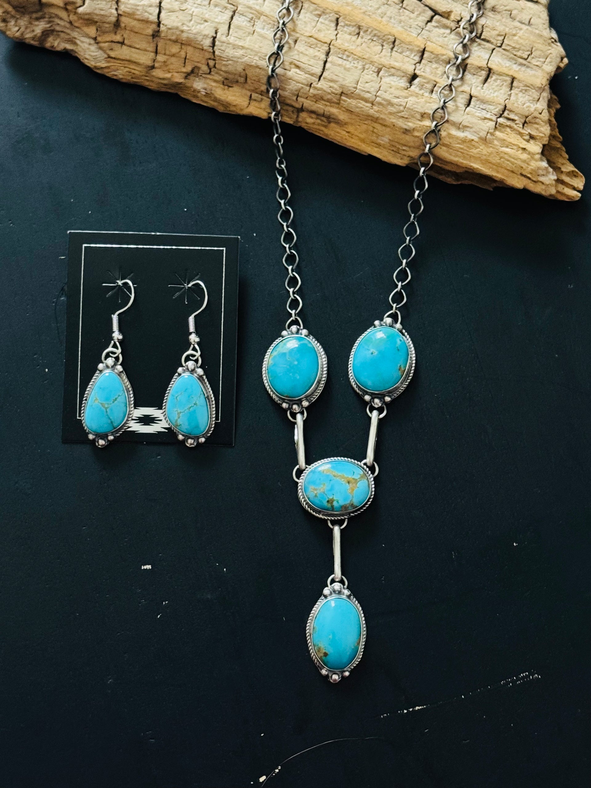 Navajo Made Kingman Turquoise and Sterling Silver Necklace Set