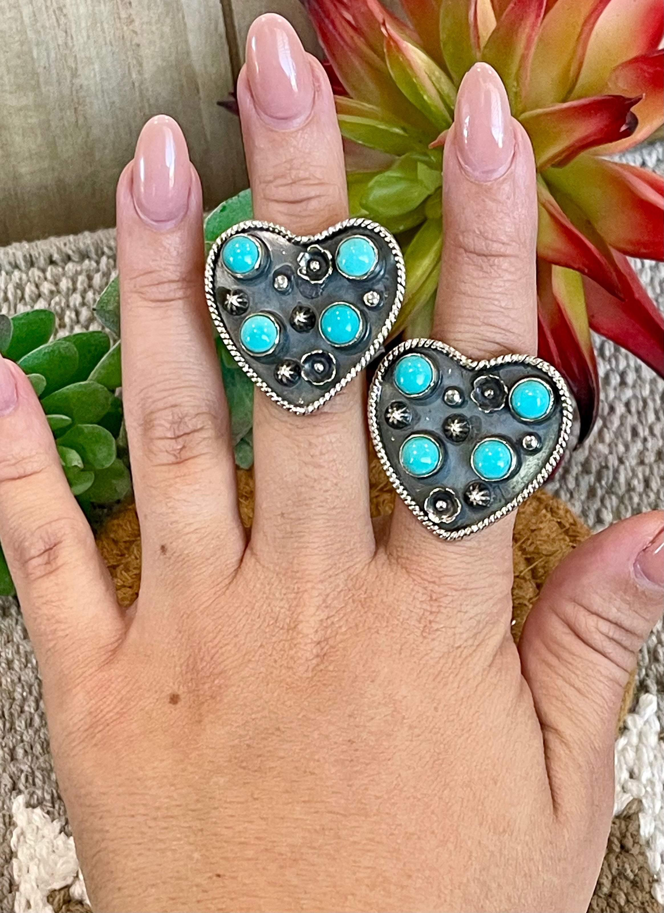 Southwest Handmade Kingman Turquoise & Sterling Silver Adjustable Heart Ring