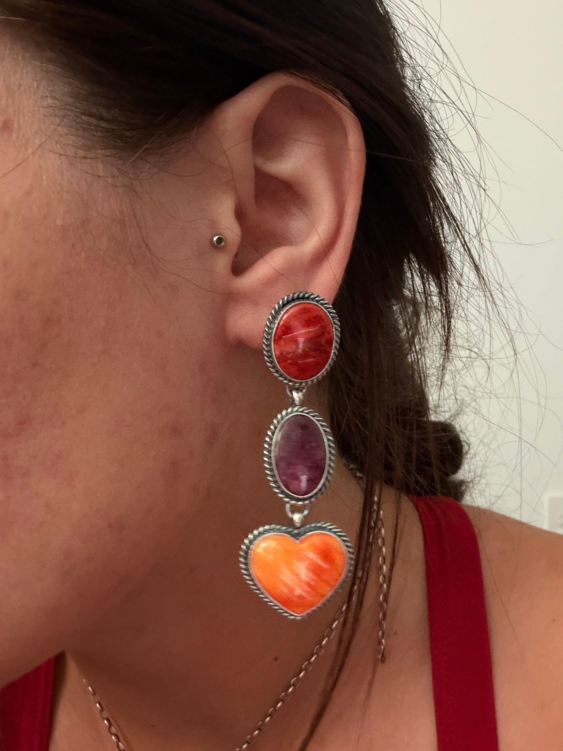 Kevin Billah Spiny Oyster & Sterling Silver Post Dangle Heart Earrings