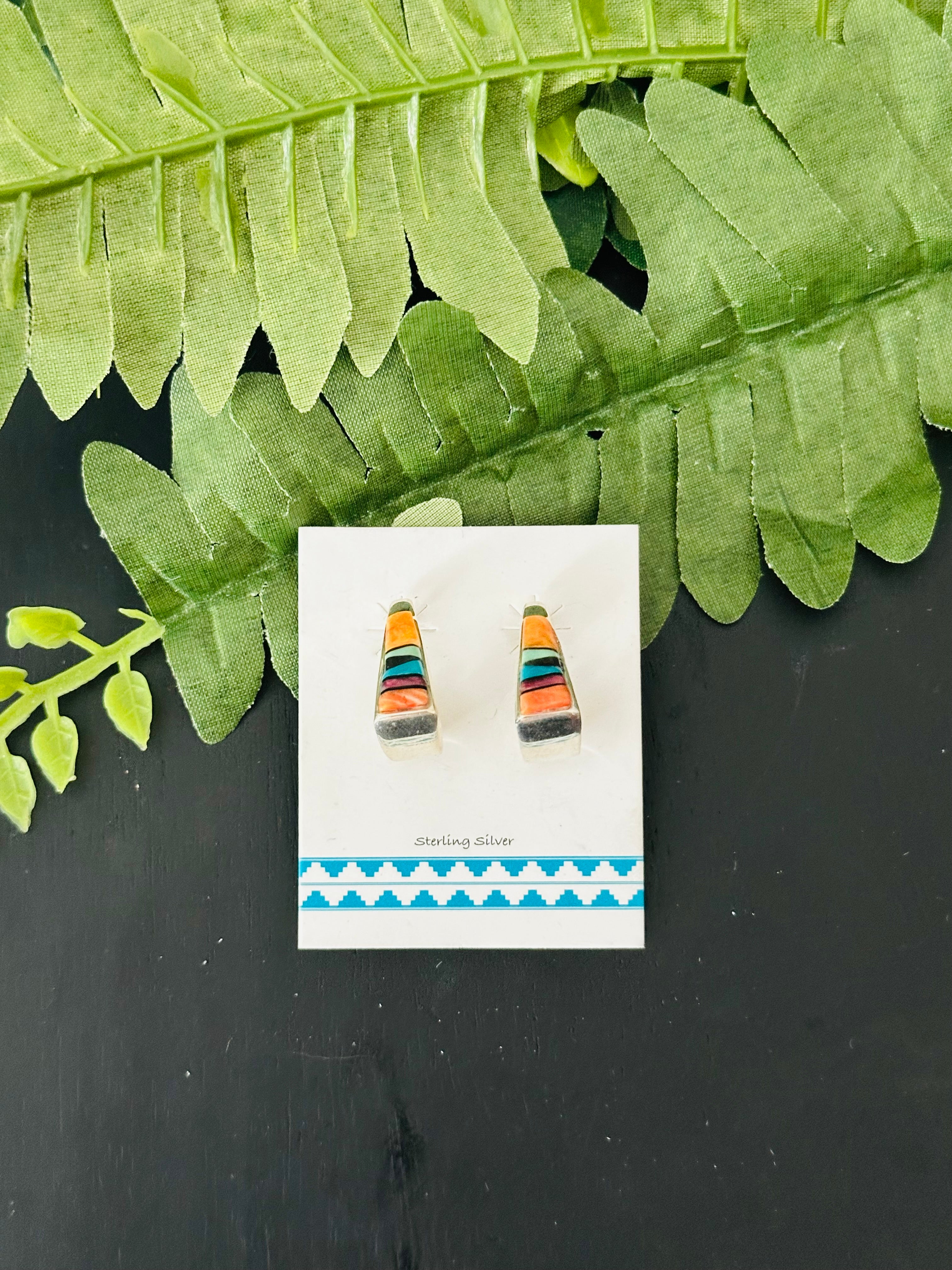 Navajo Made Multi Stone & Sterling Silver Inlay Post Earrings