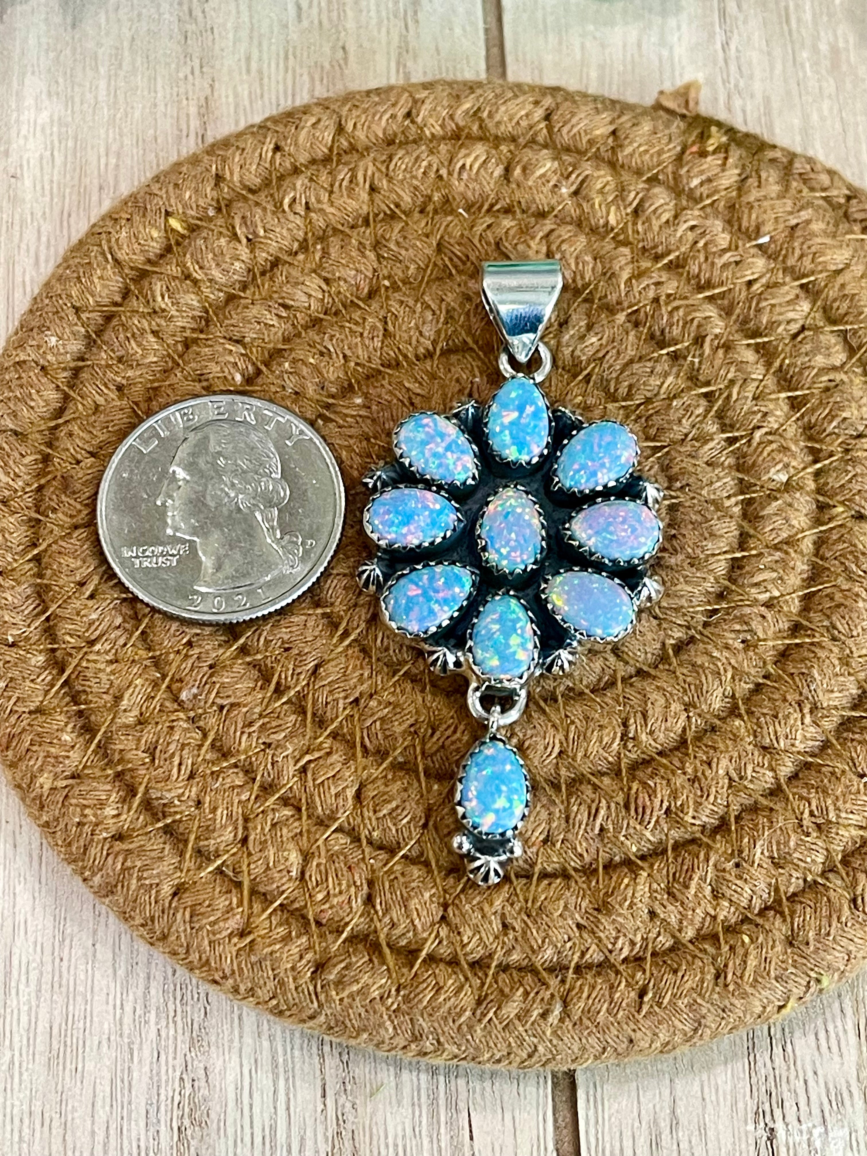 Southwest Handmade Opal & Sterling Silver Cluster Dangle Pendant