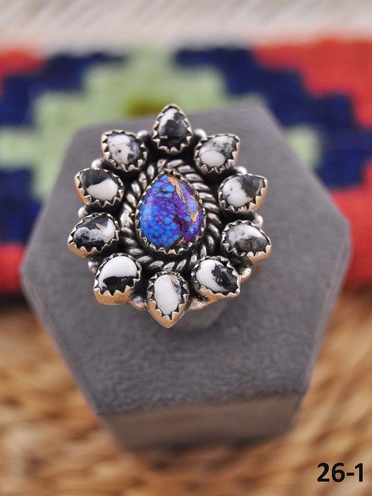 Southwest Made Multi Stone & Sterling Sliver Cluster Adjustable Ring