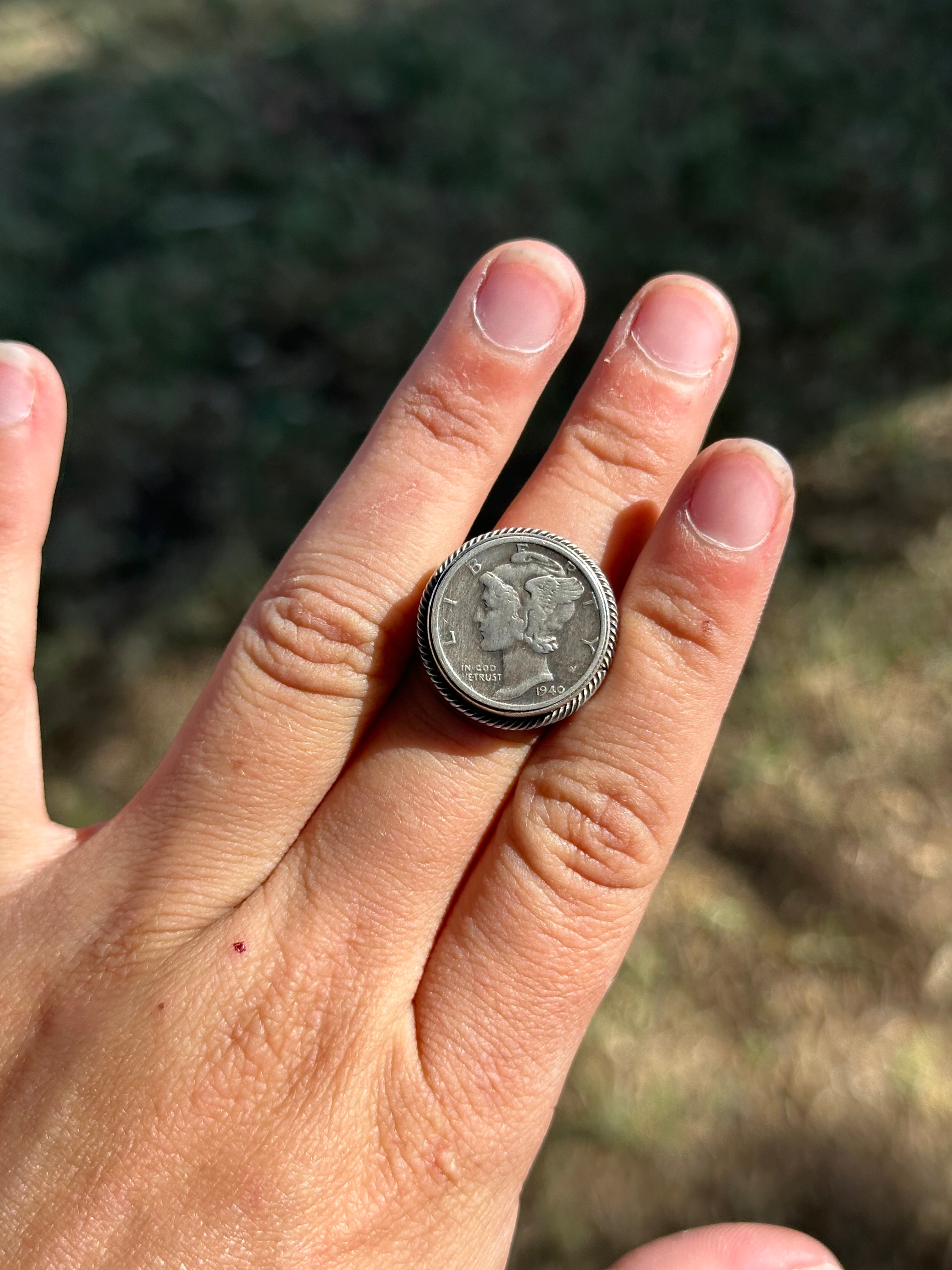 Navajo Made Sterling Silver Dime Ring Size 6.75