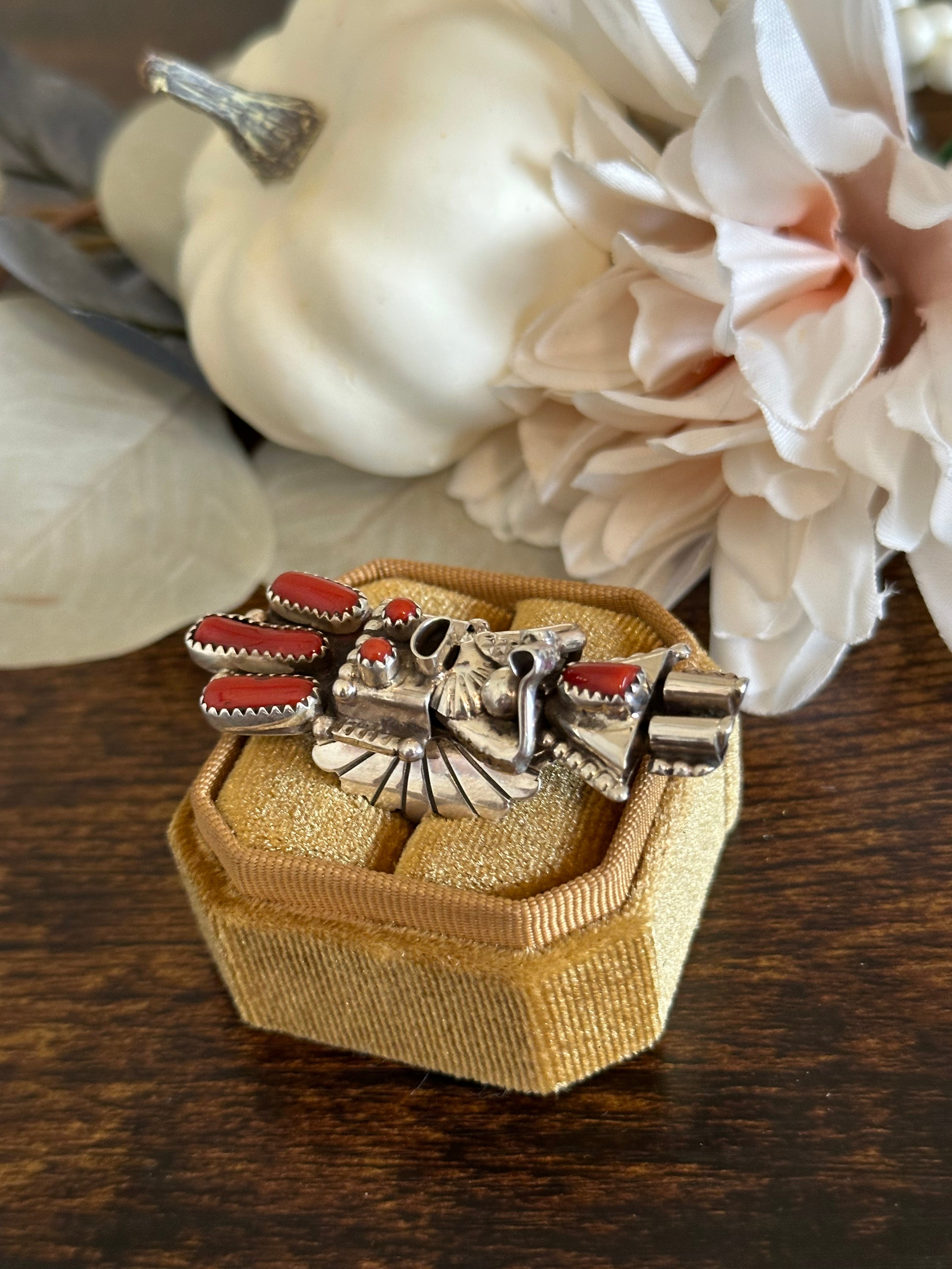 Navajo Made Red Coral & Sterling Silver Ring Size 8.25