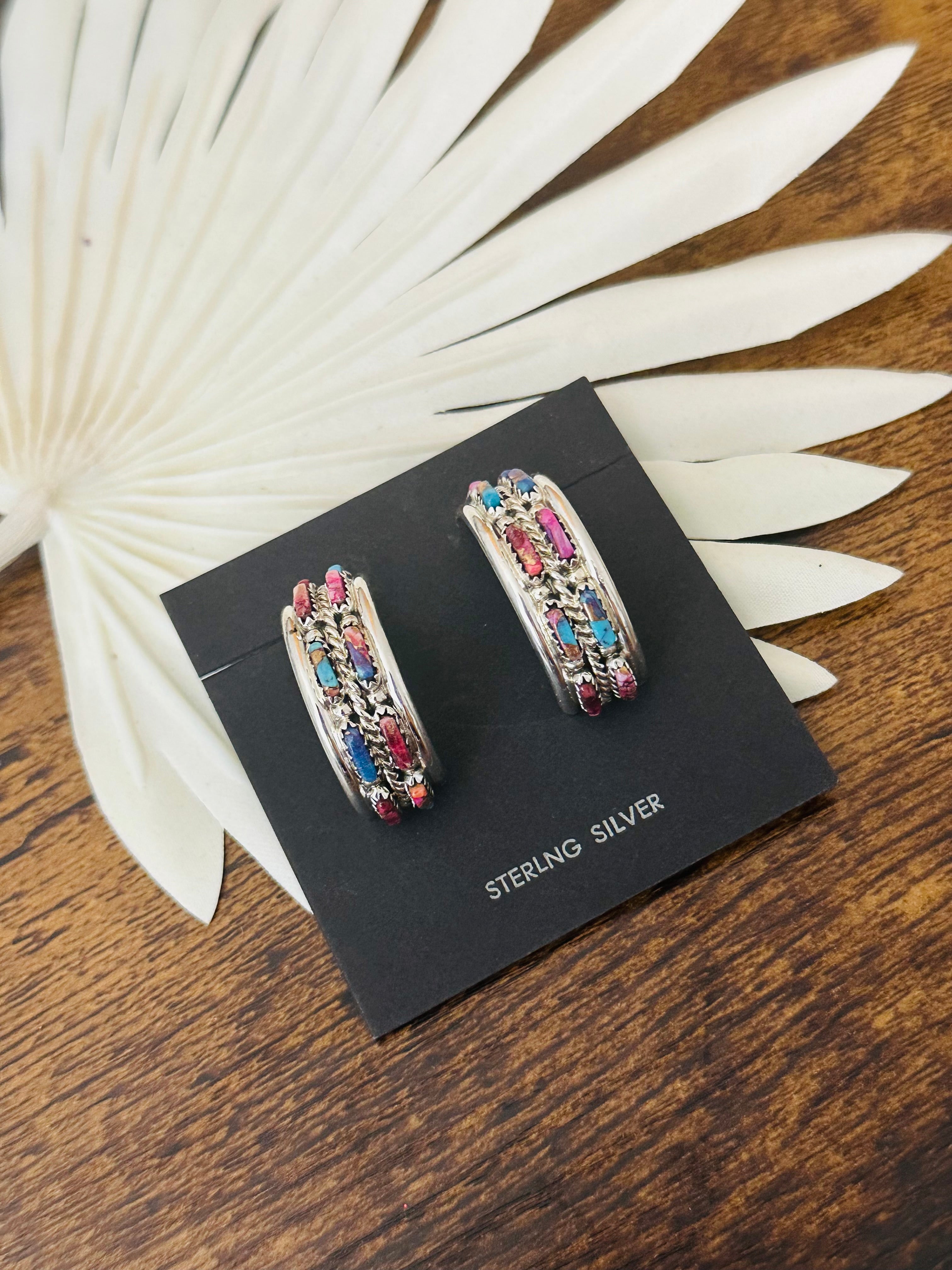 Navajo Made Pink Mohave Turquoise & Sterling Silver Post Hoop Earrings