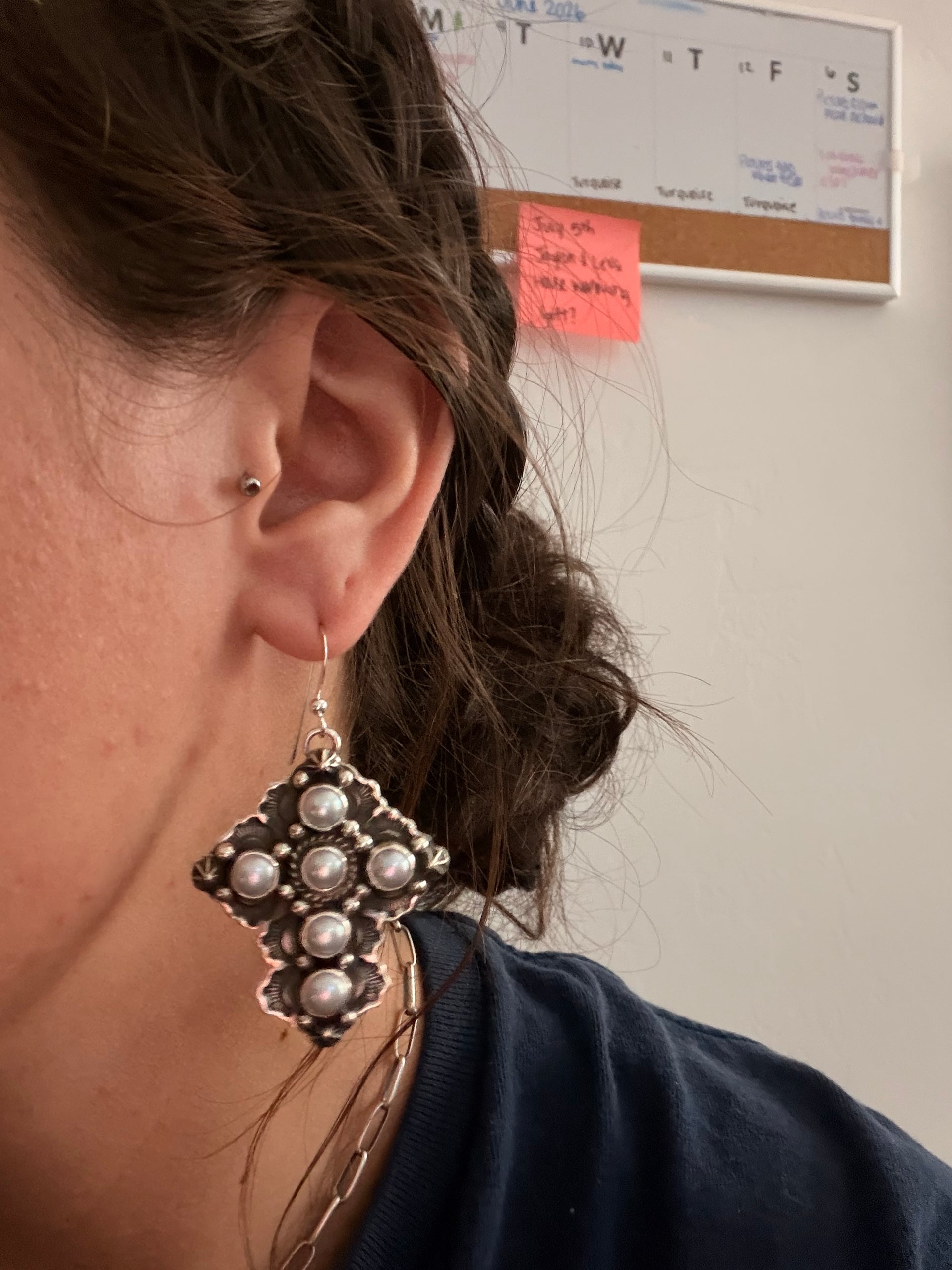 Navajo Made Fresh Water Pearls & Sterling Silver Pearls Dangle Earrings