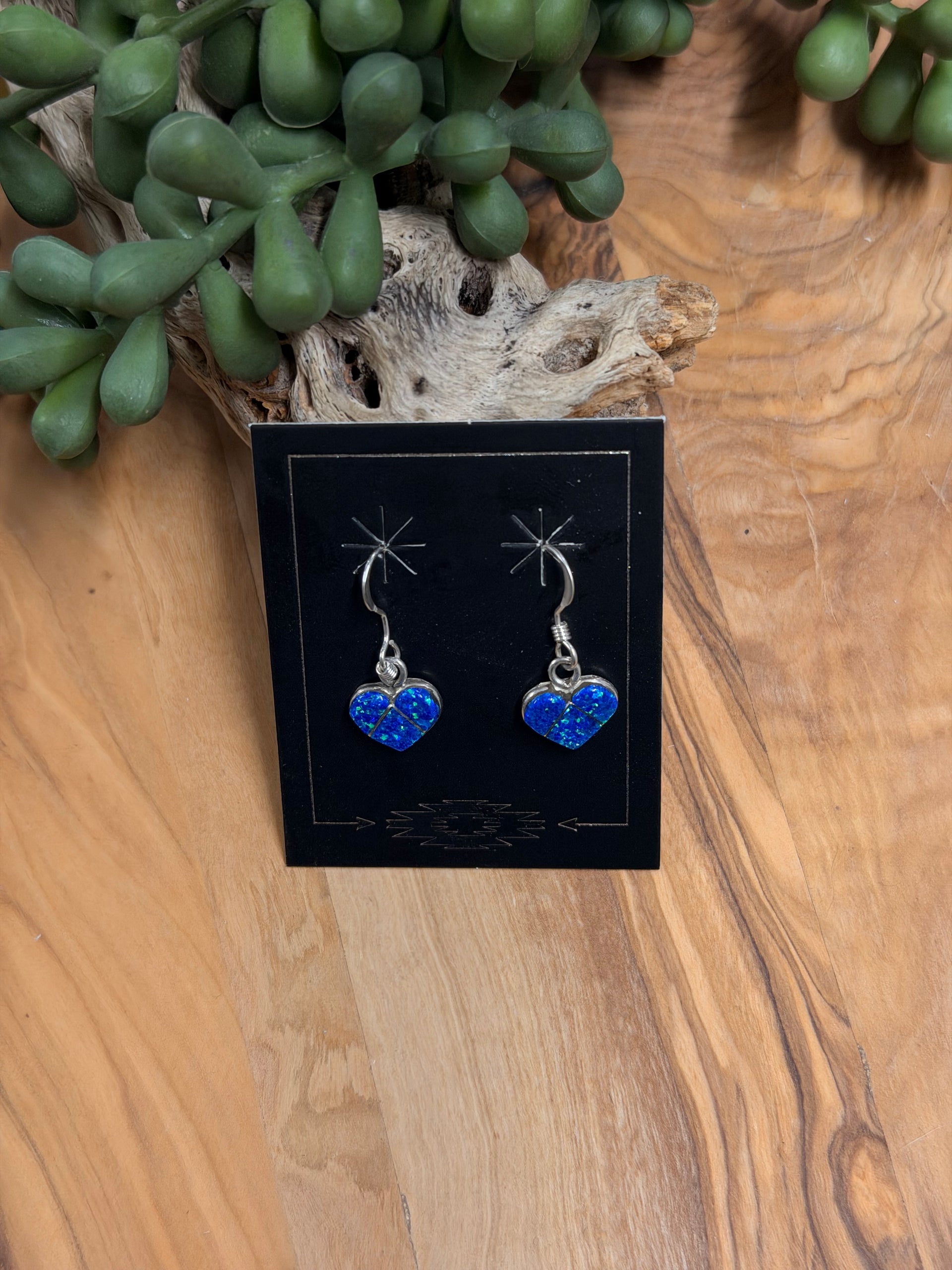 Zuni Made Opal (Man Made) & Sterling Silver Dangle Heart Earrings