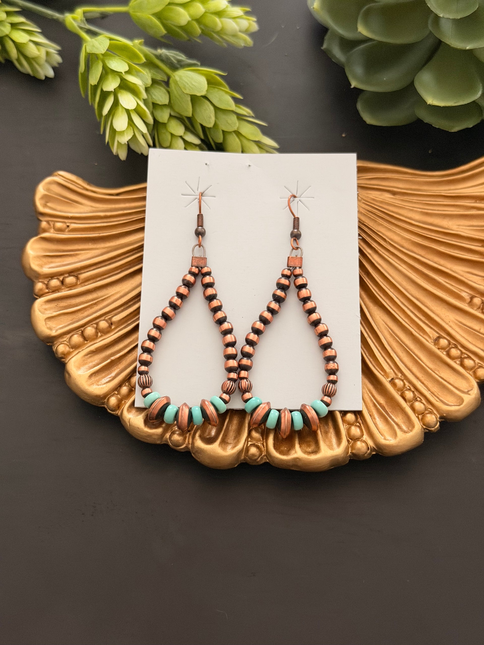 Navajo Strung Campitos Turquoise & Copper Graduated Machine Made Pearls Dangle Earrings