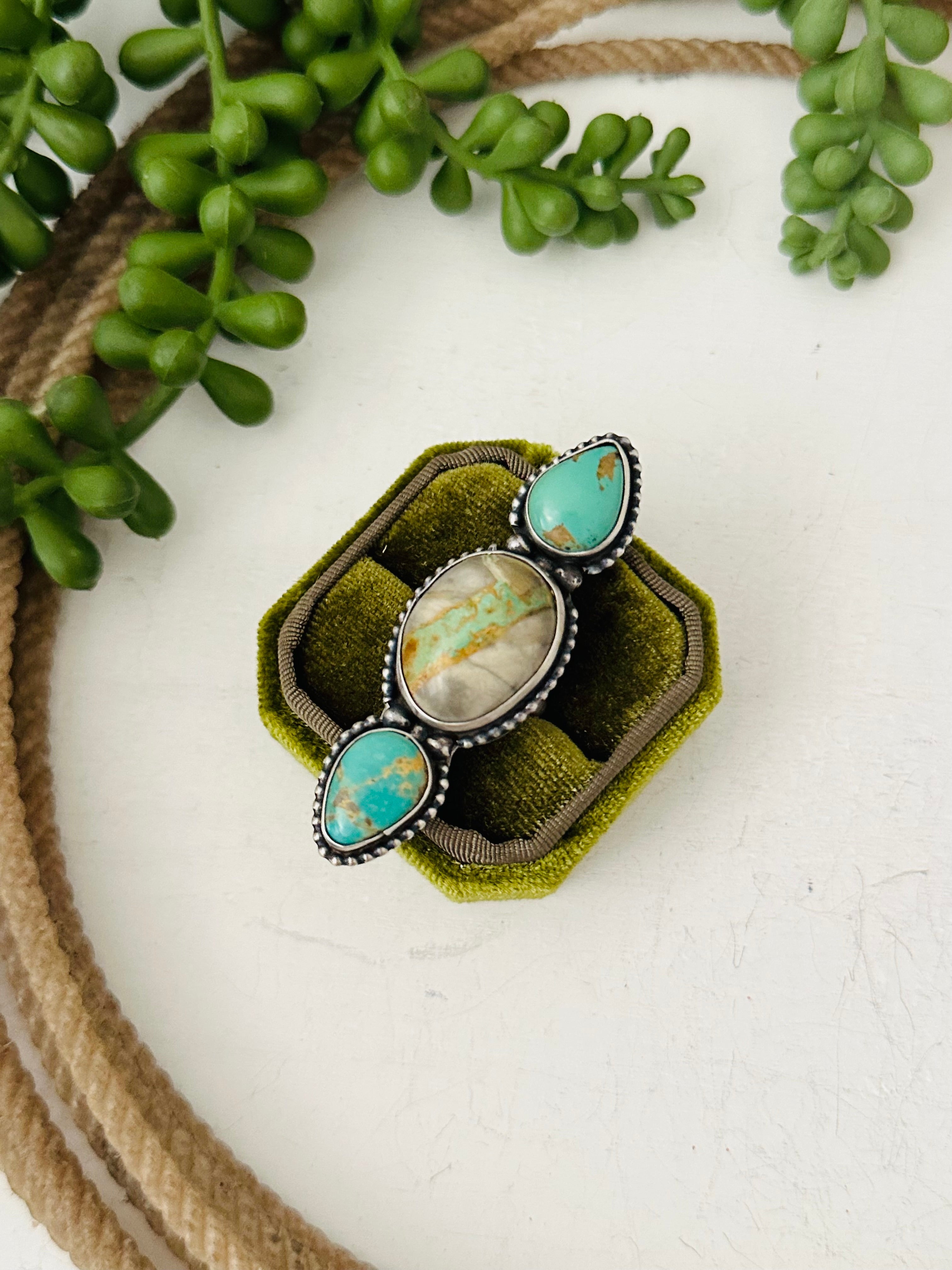 Navajo Made Multi Turquoise & Sterling Silver Adjustable Ring