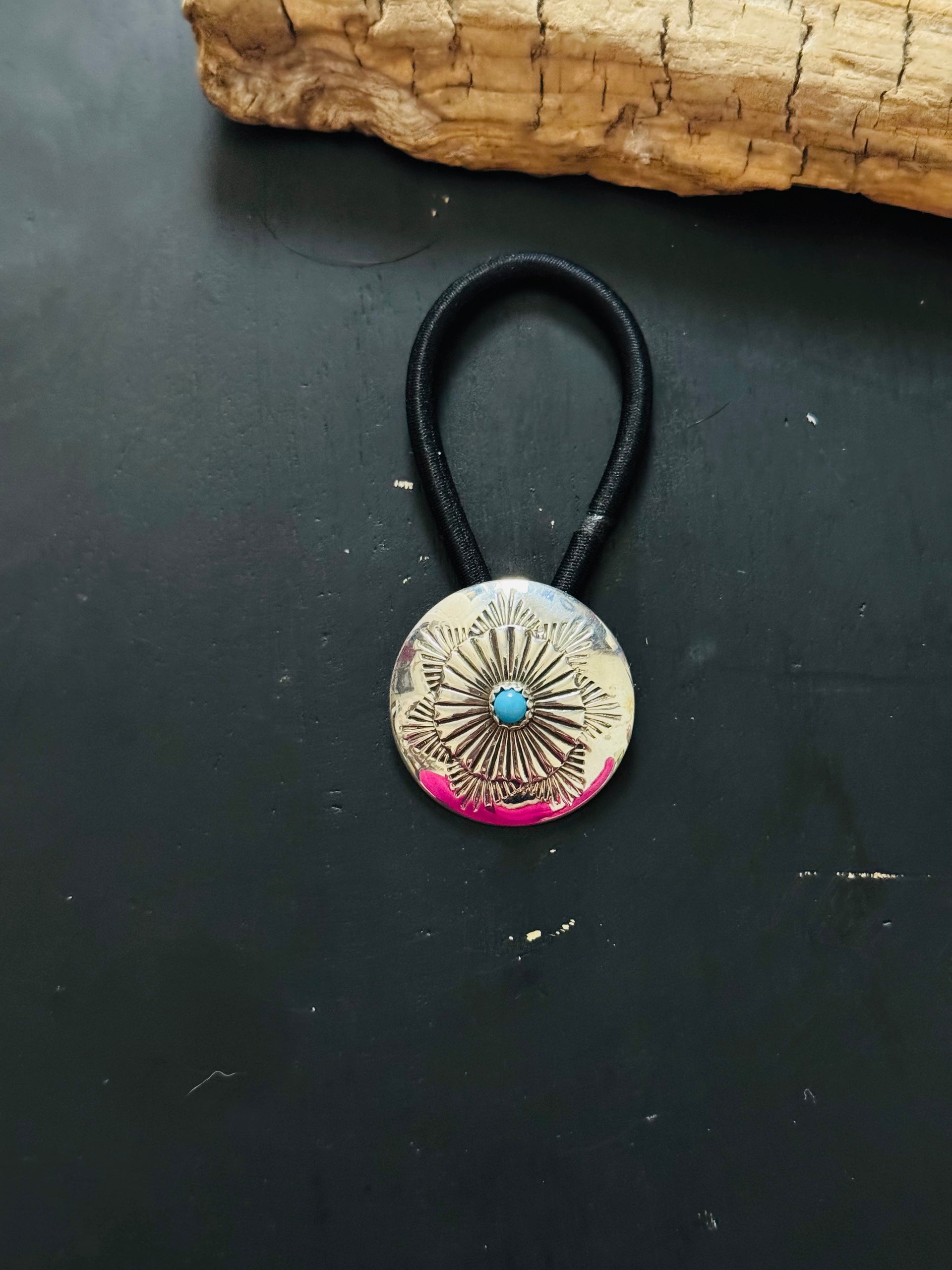 Navajo Made Kingman Turquoise & Sterling Silver Concho Ponytail Holder