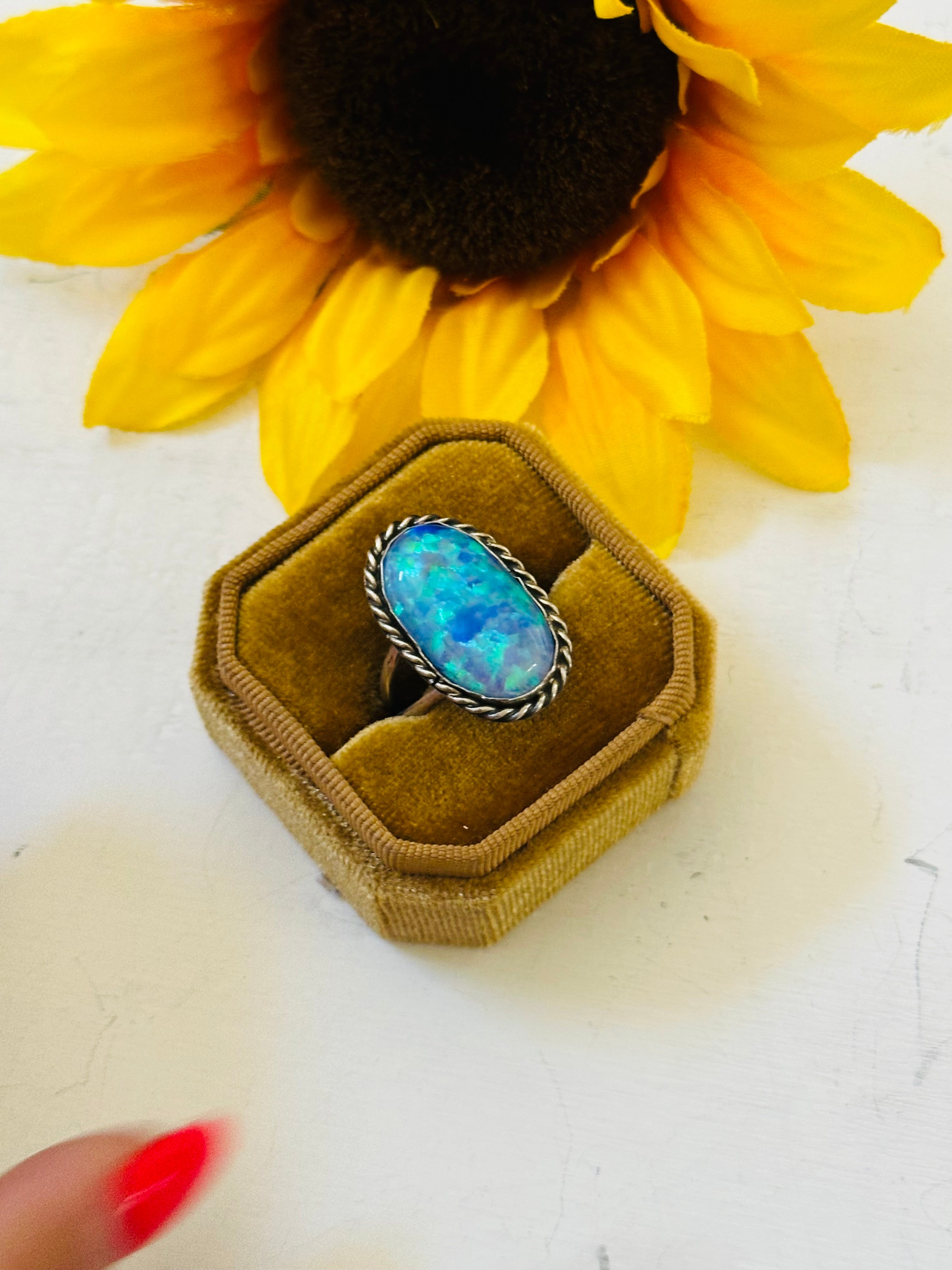 Navajo Made Blue Opal & Sterling Silver Ring Size 6.5