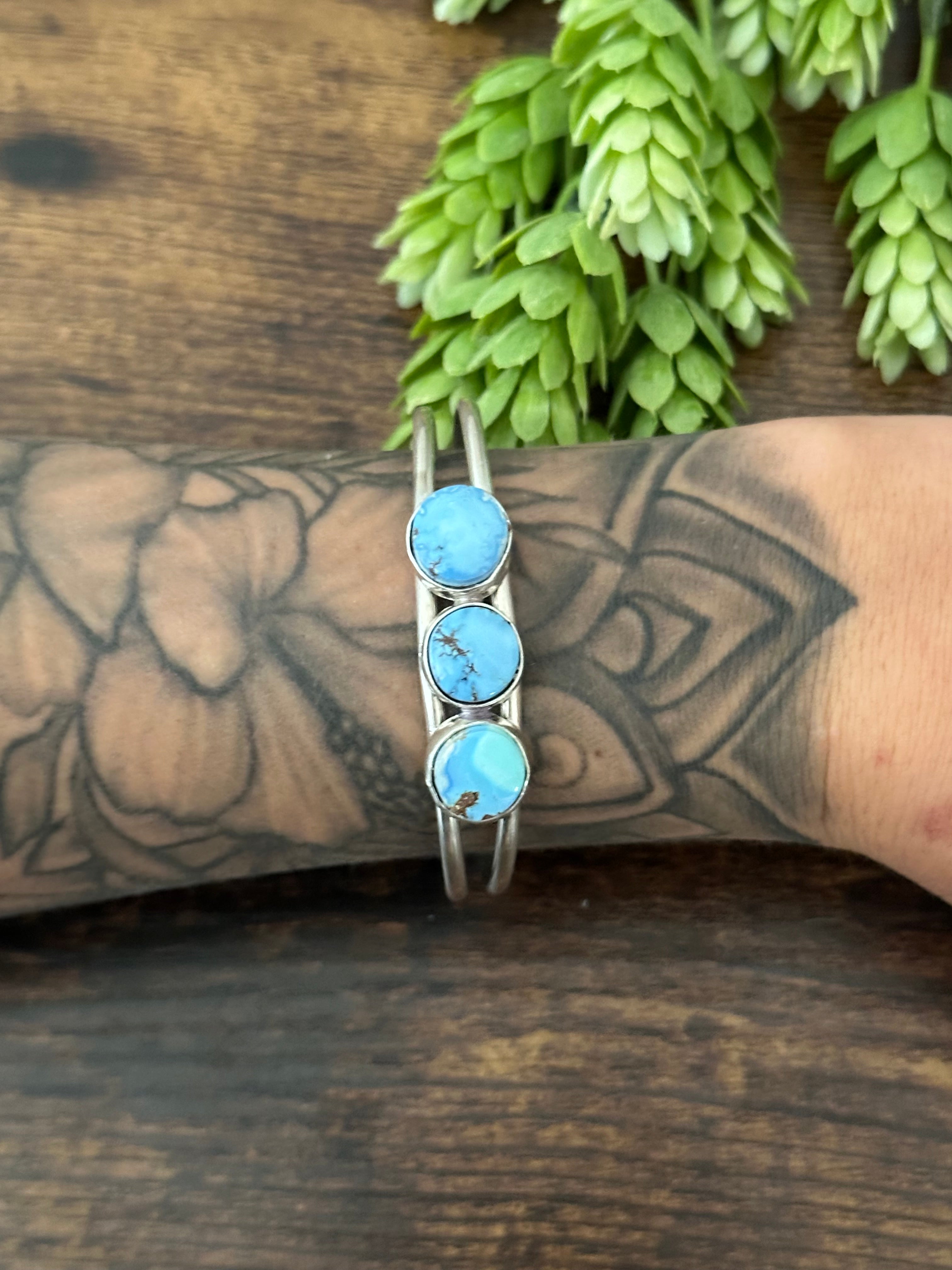 Navajo Made Golden Hills Turquoise & Sterling Silver Cuff Bracelet