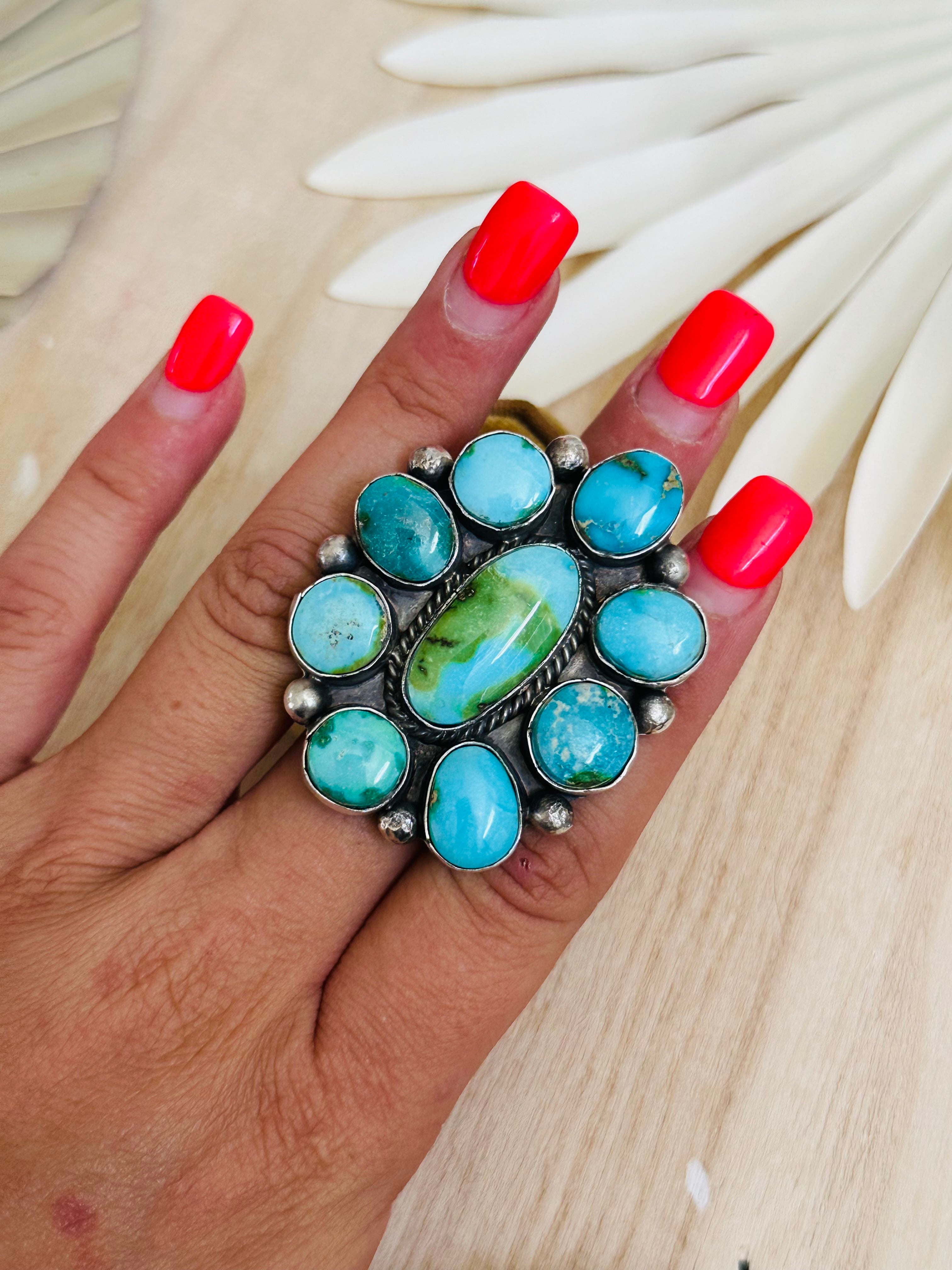 Navajo Handmade Sonoran Mountain Turquoise & Sterling Silver Cluster Adjustable Ring