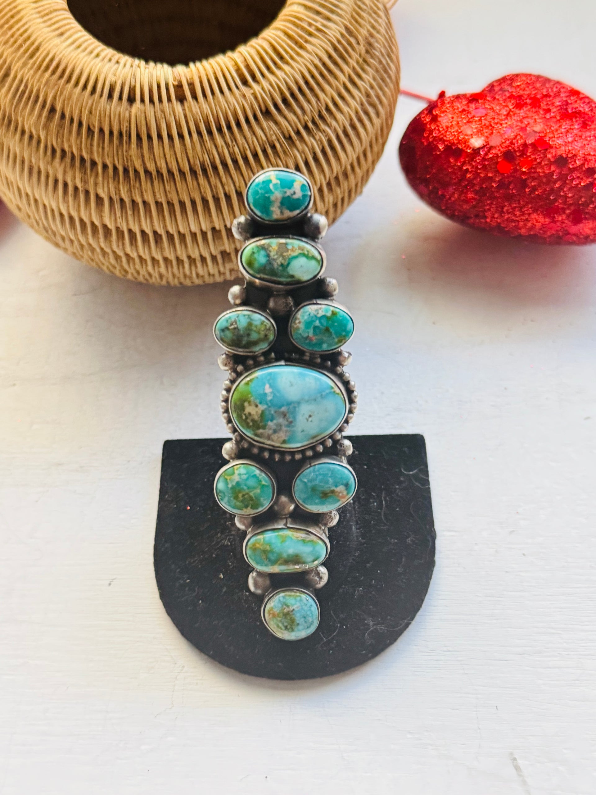 Navajo Handmade Sonoran Mountain Turquoise & Sterling Silver Cluster Ring Size 8.5