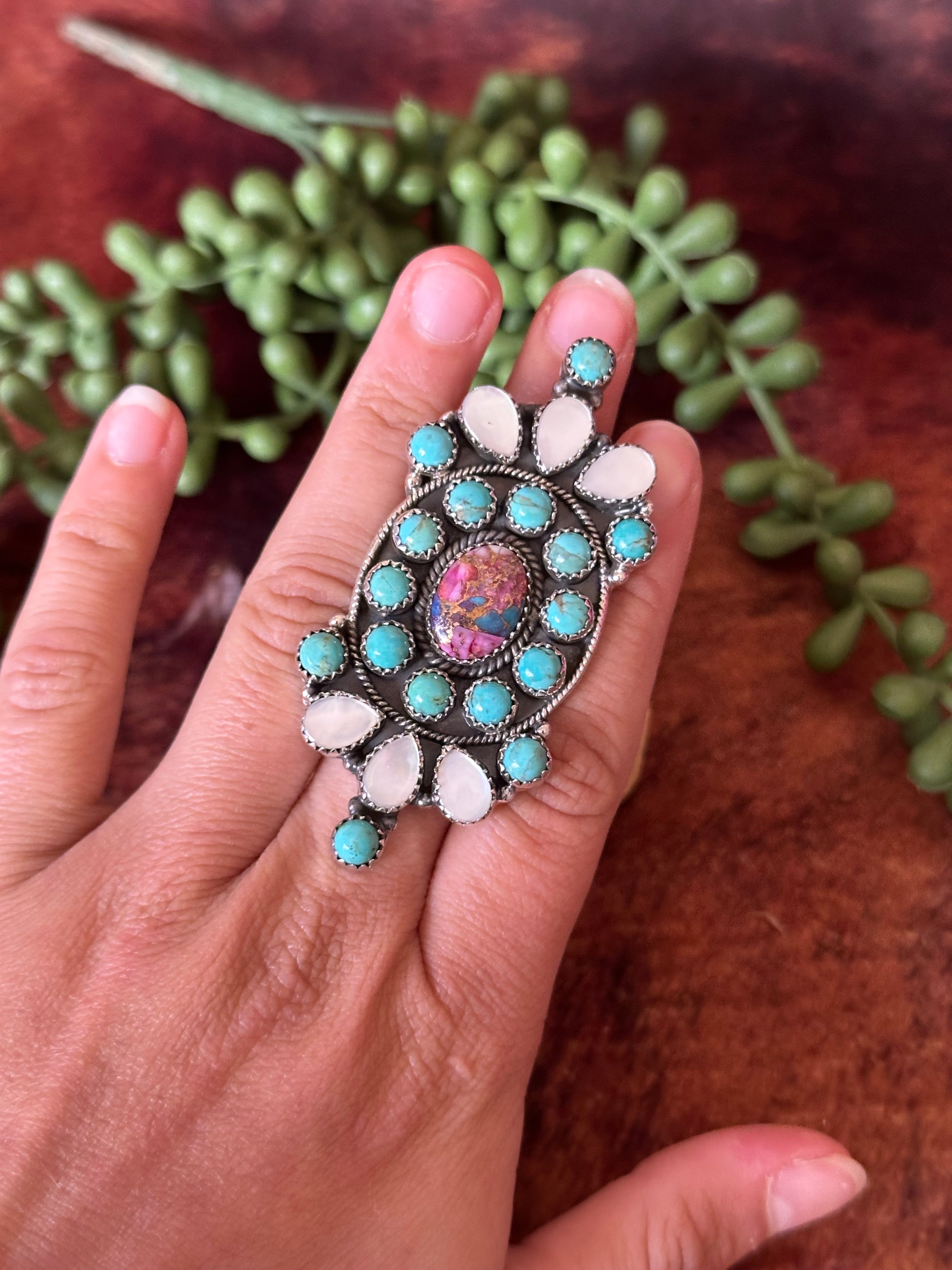 Southwest Handmade Multi Stone & Sterling Silver Adjustable Cluster Ring