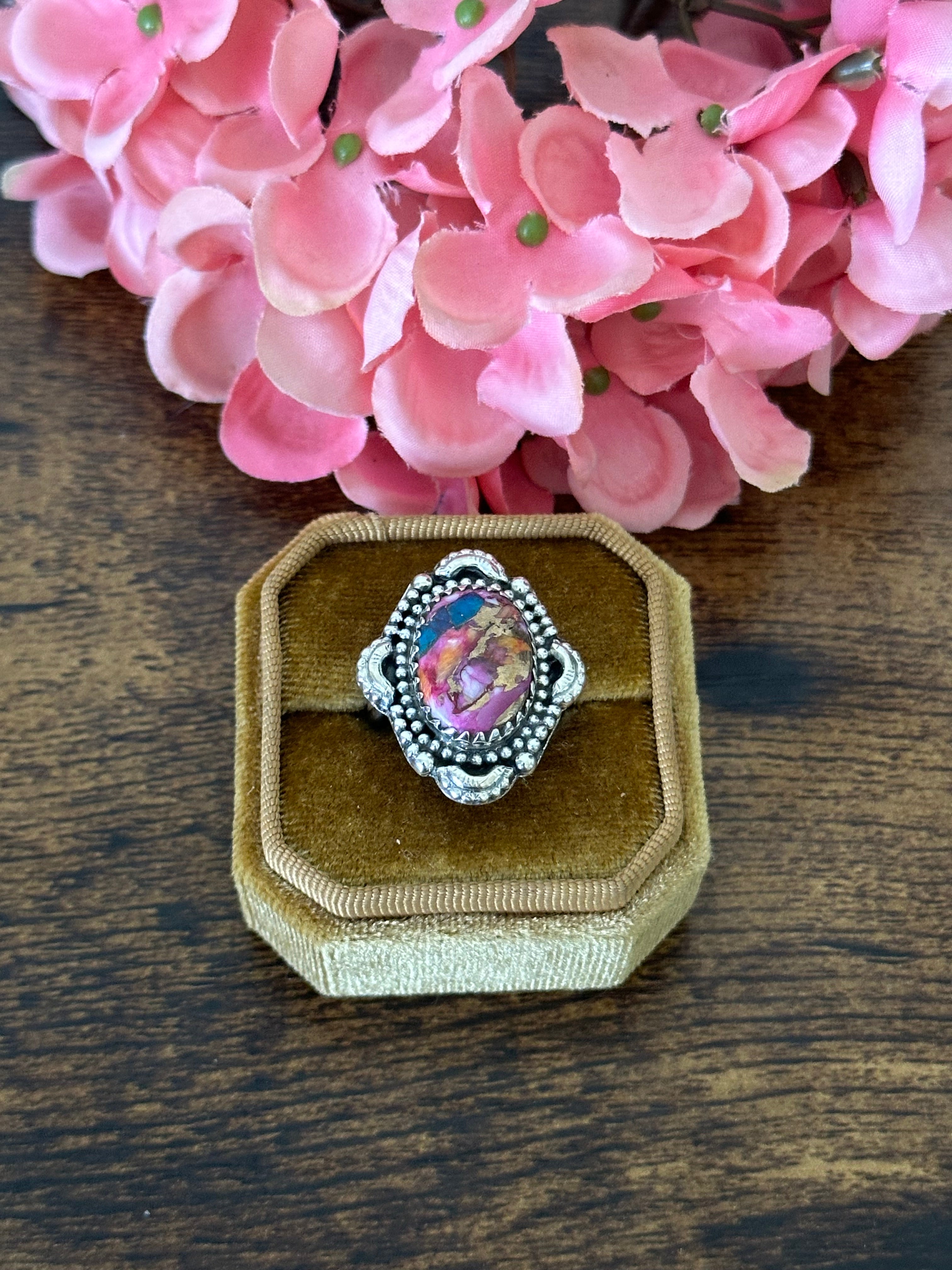 Southwest Handmade Pink Mohave Turquoise & Sterling Silver Ring Size 7.75