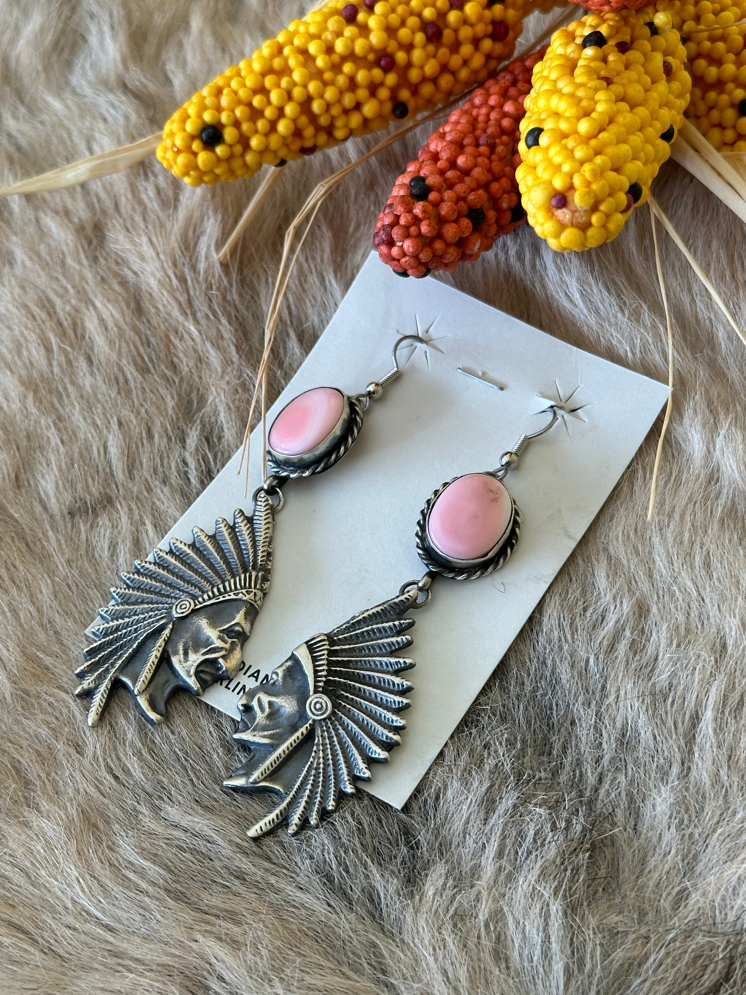 Navajo Handmade Pink Conch & Sterling Silver Dangle Earrings