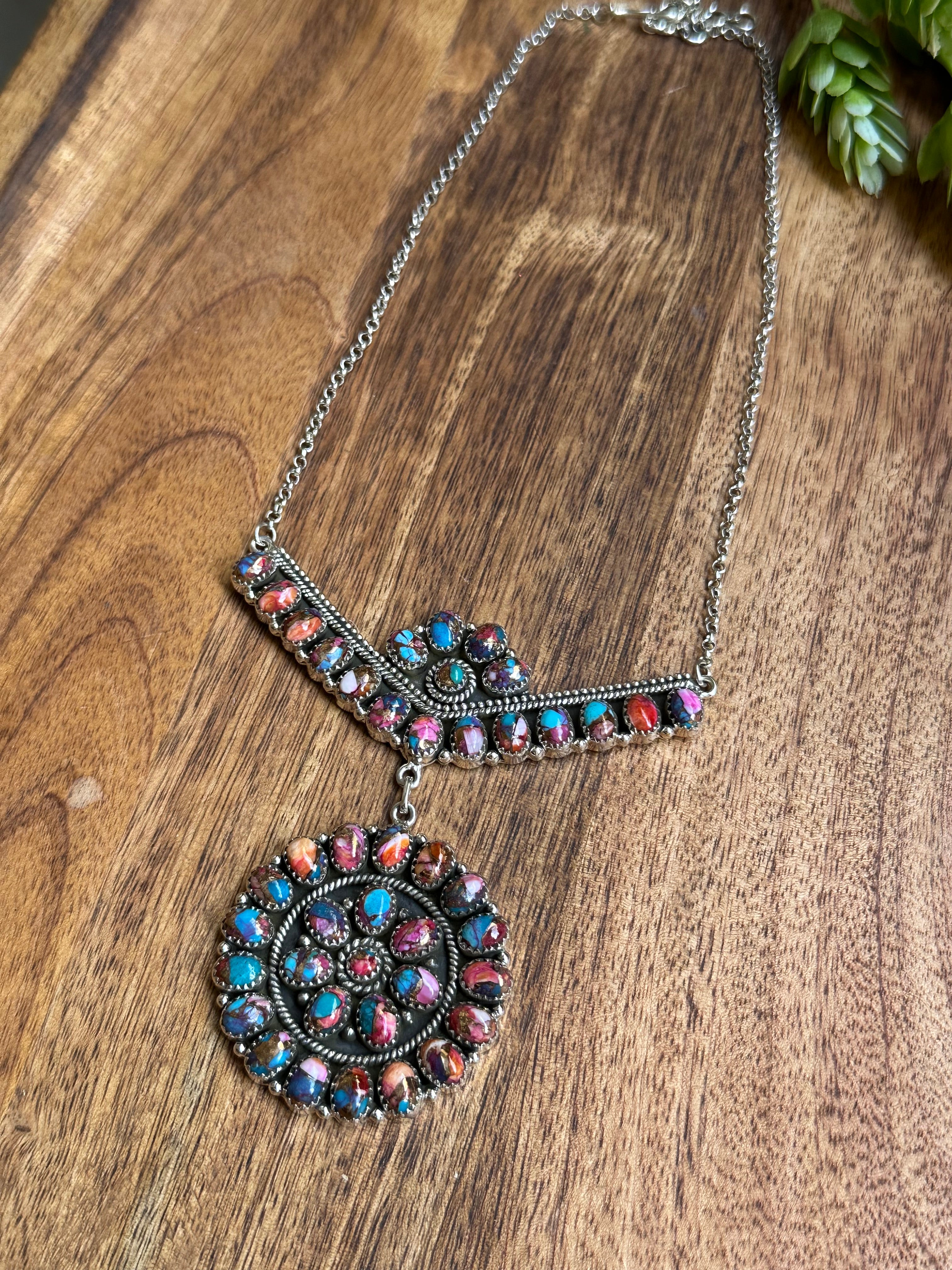 Southwest Handmade Mohave Turquoise & Sterling Silver Cluster Necklace