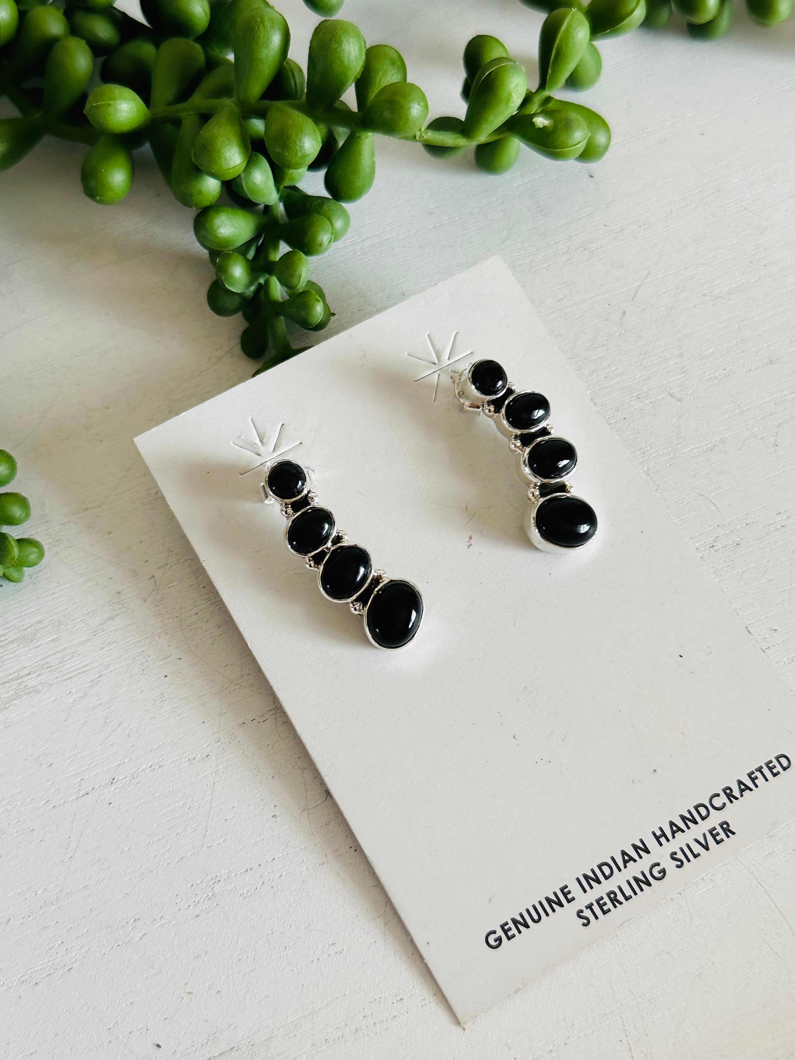 Southwest Handmade Onyx & Sterling Silver Post Cluster Earrings