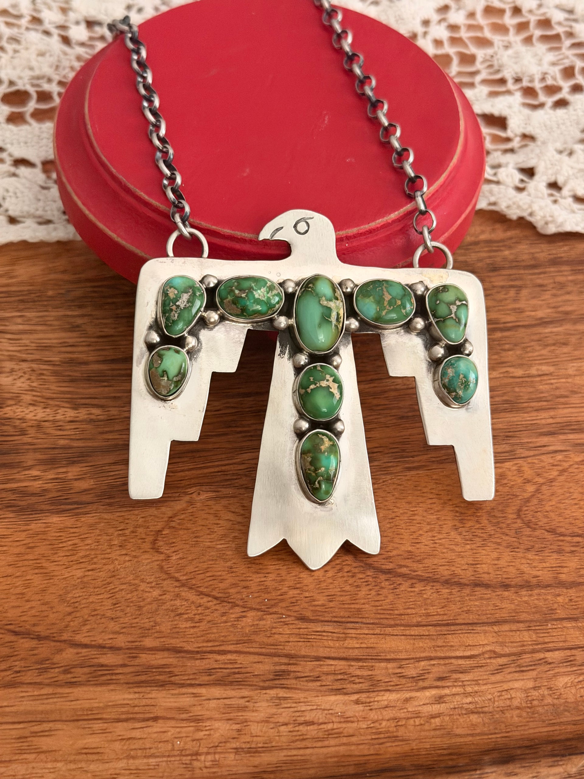 Russell Sam Sonoran Gold Turquoise & Sterling Silver Cluster Thunderbird Necklace
