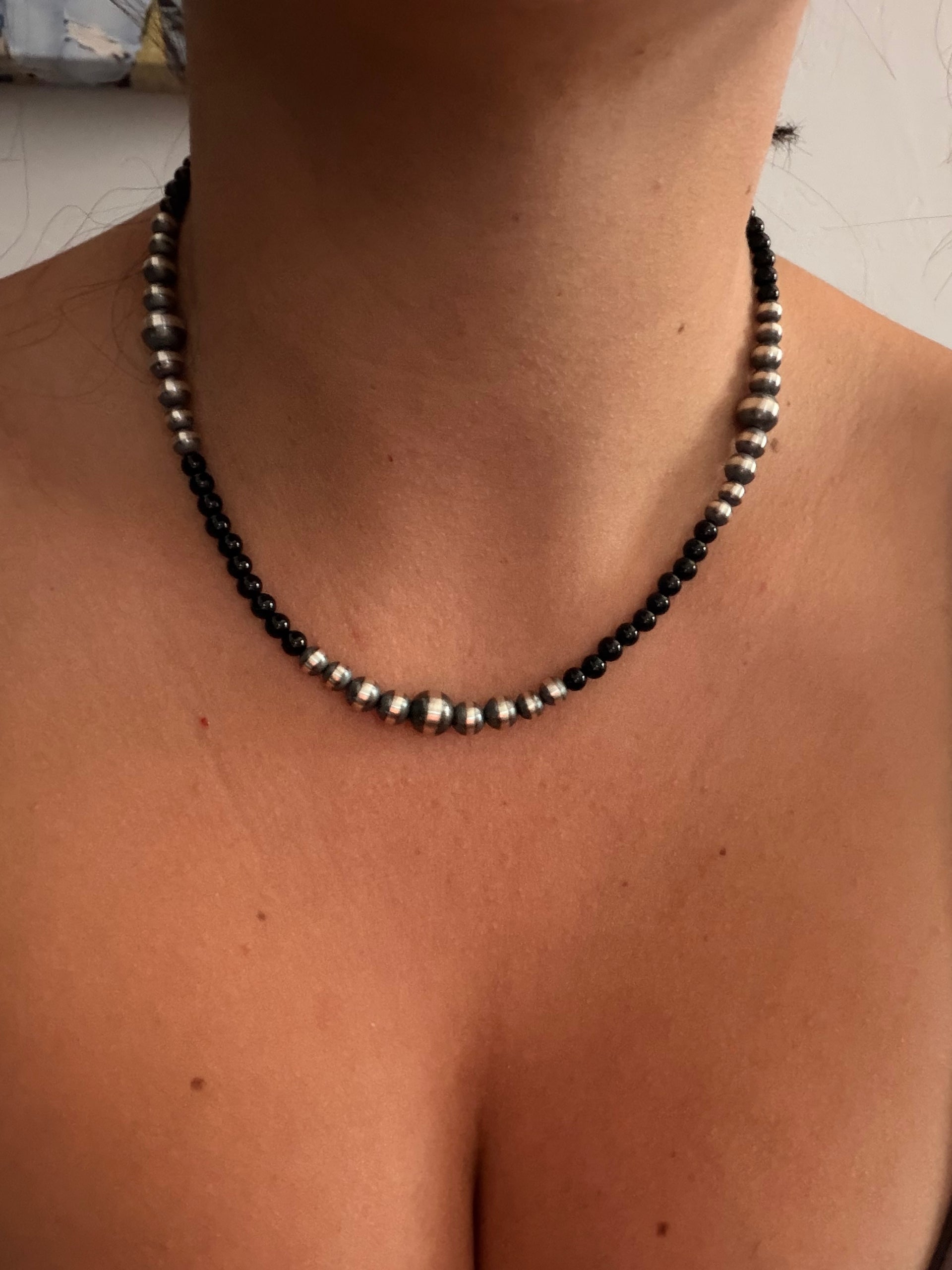 Navajo Strung Onyx & Sterling Silver Machine Made 16” Pearls Beaded Necklace