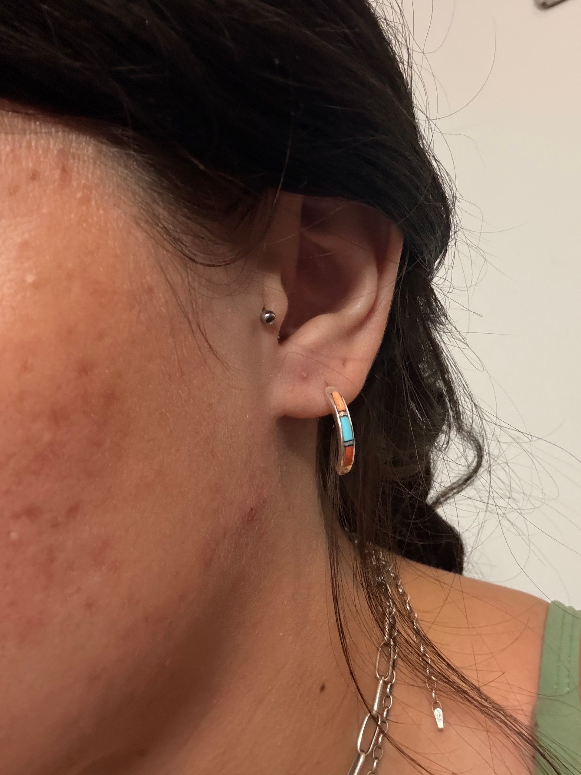 Navajo Made Multi Stone & Sterling Silver Inlay Post Earrings