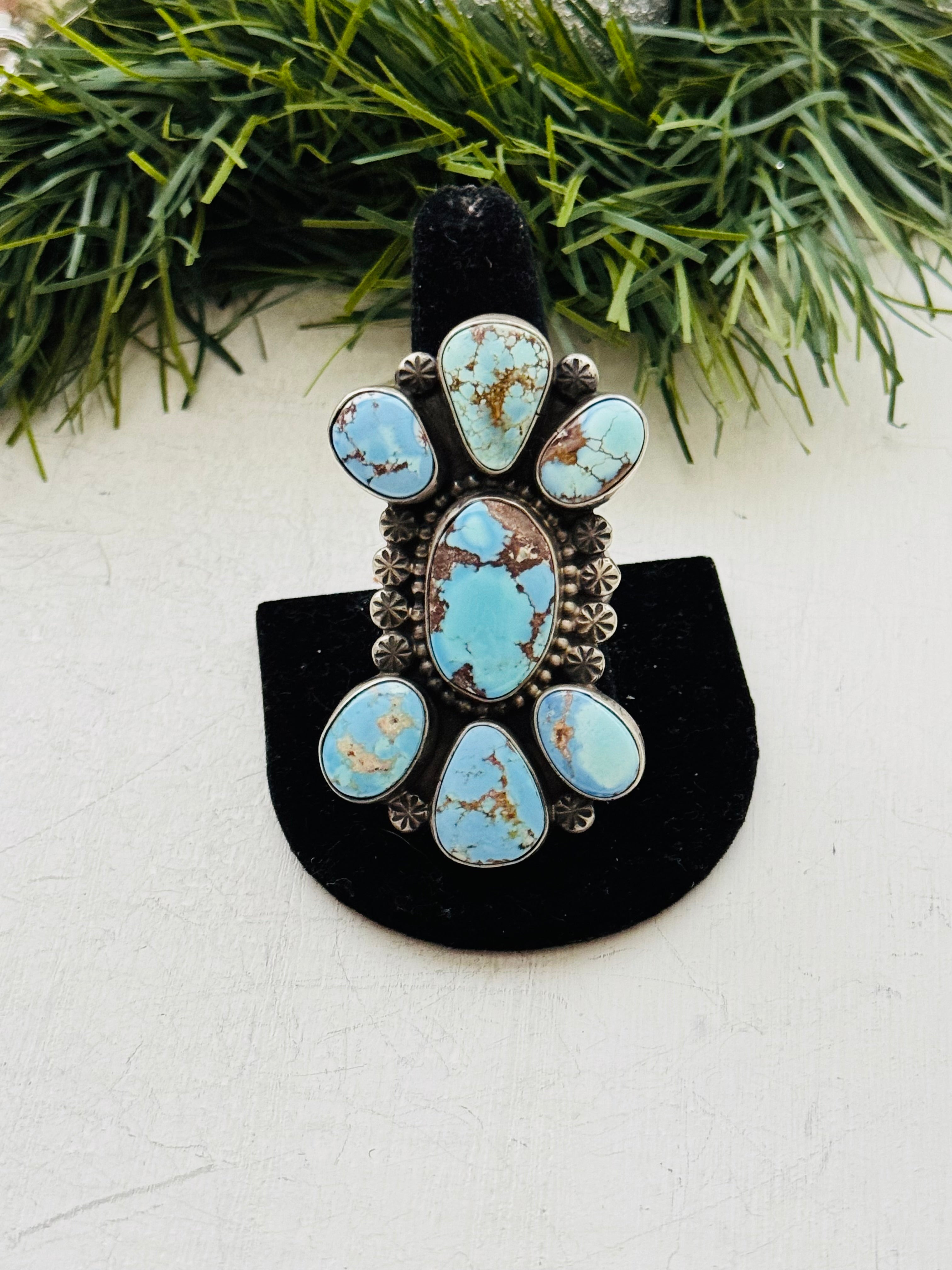 Navajo Made Golden Hills Turquoise & Sterling Silver Cluster Ring Size 10.5