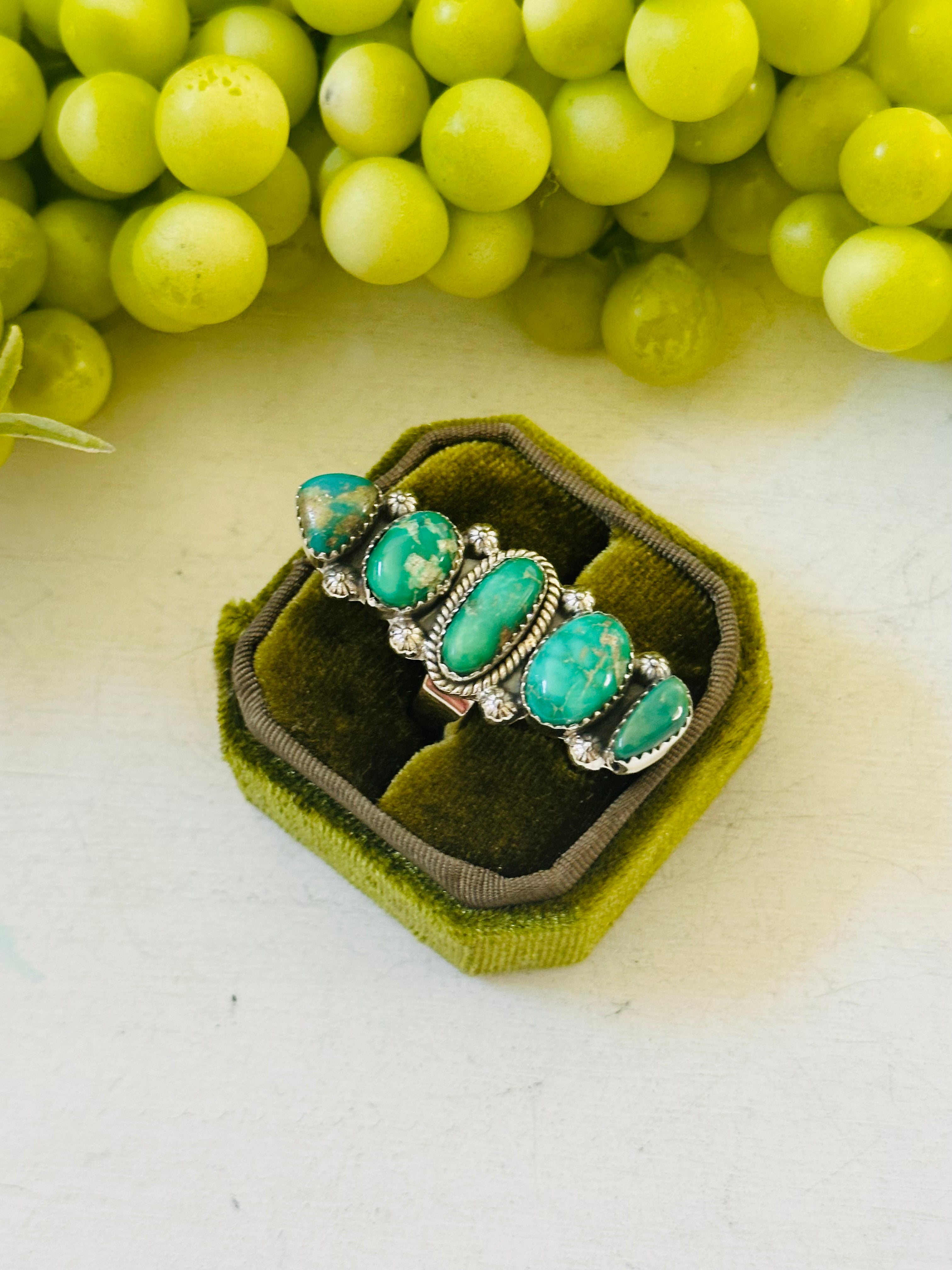 Southwest Handmade Emerald Valley Turquoise & Sterling Silver Adjustable Cluster Ring