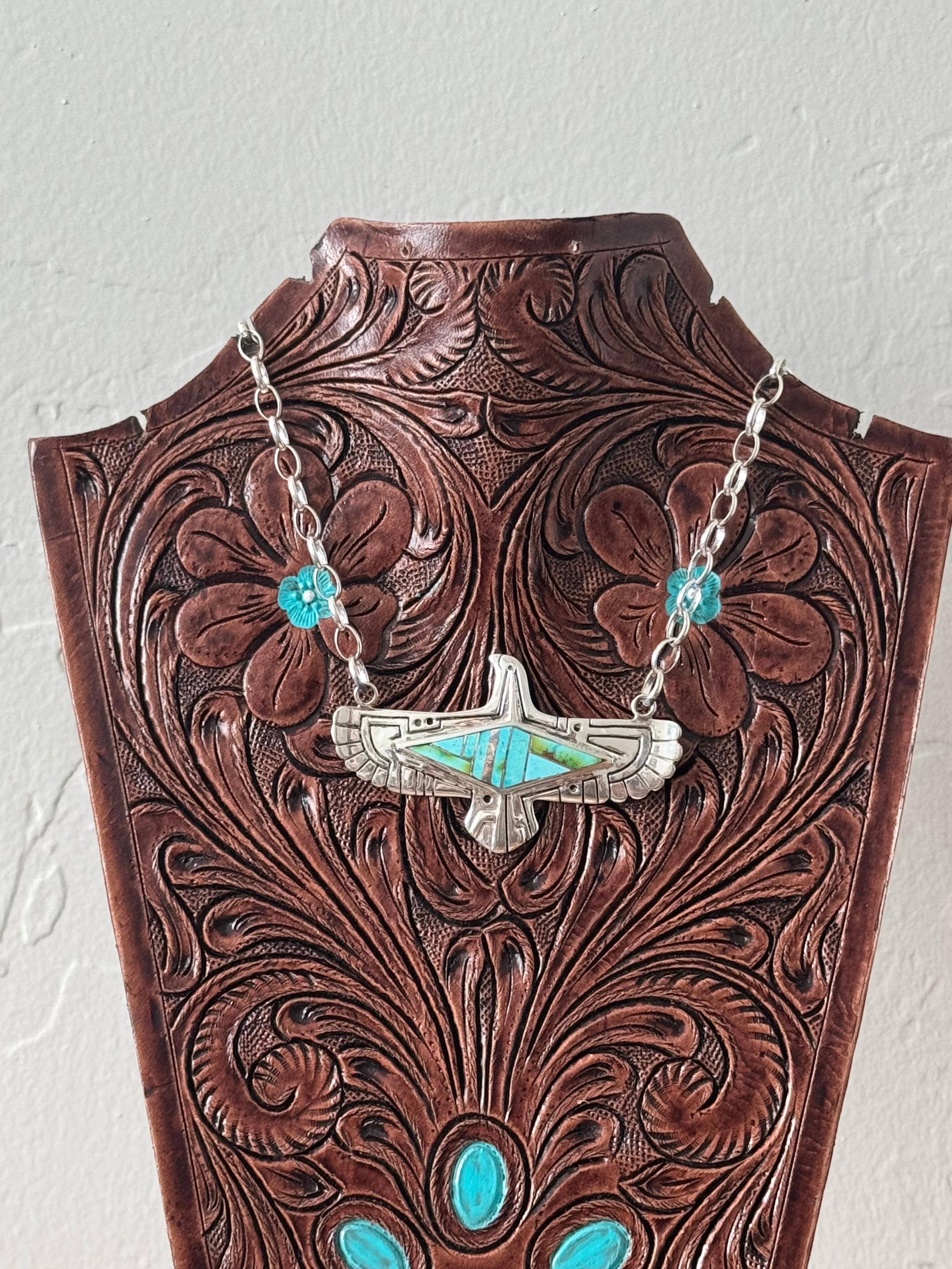 Navajo Made Sonoran Mountain Turquoise & Sterling Silver Inlay Thunderbird Necklace