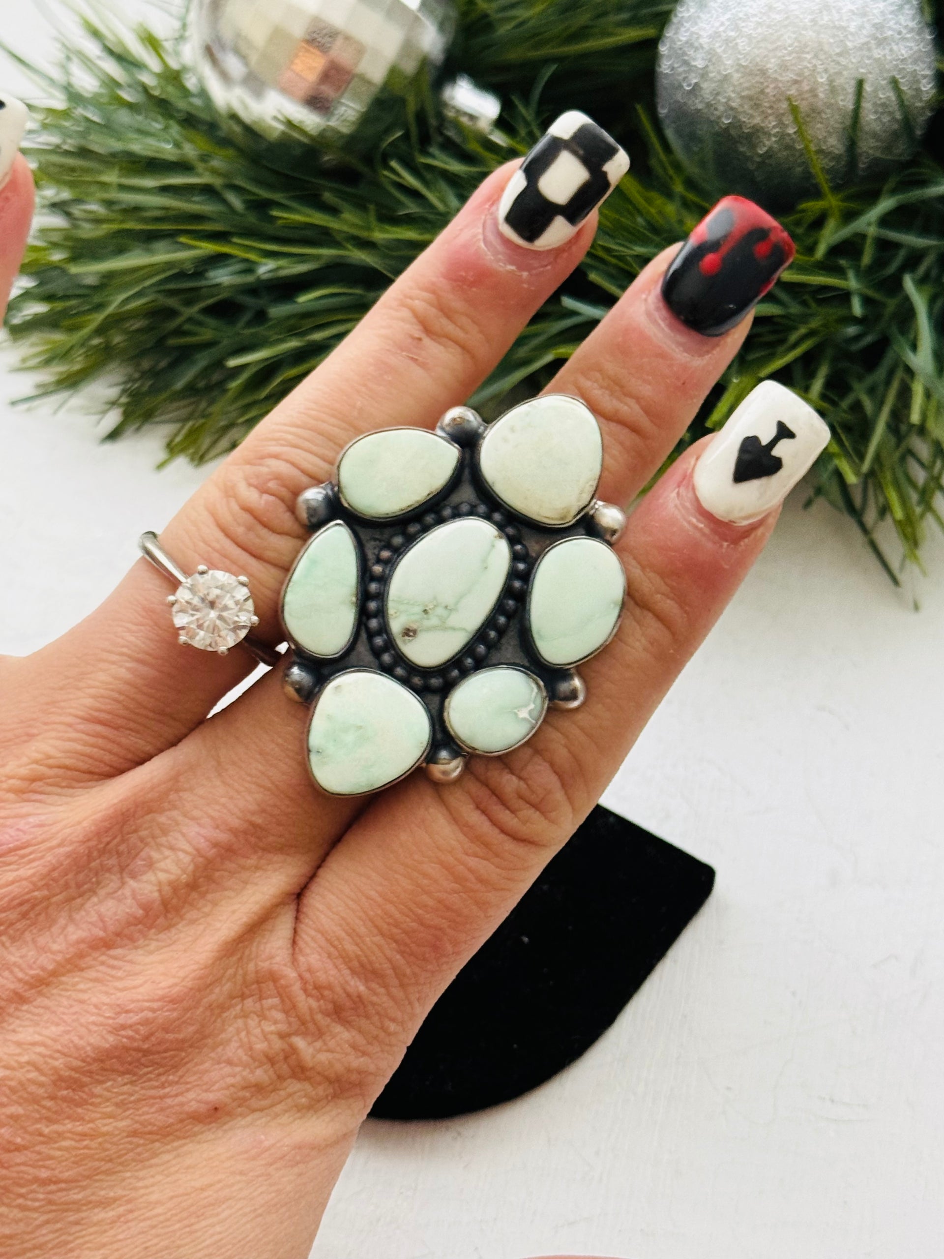 Southwest Handmade Paloma Variscite & Sterling Silver Adjustable Cluster Ring