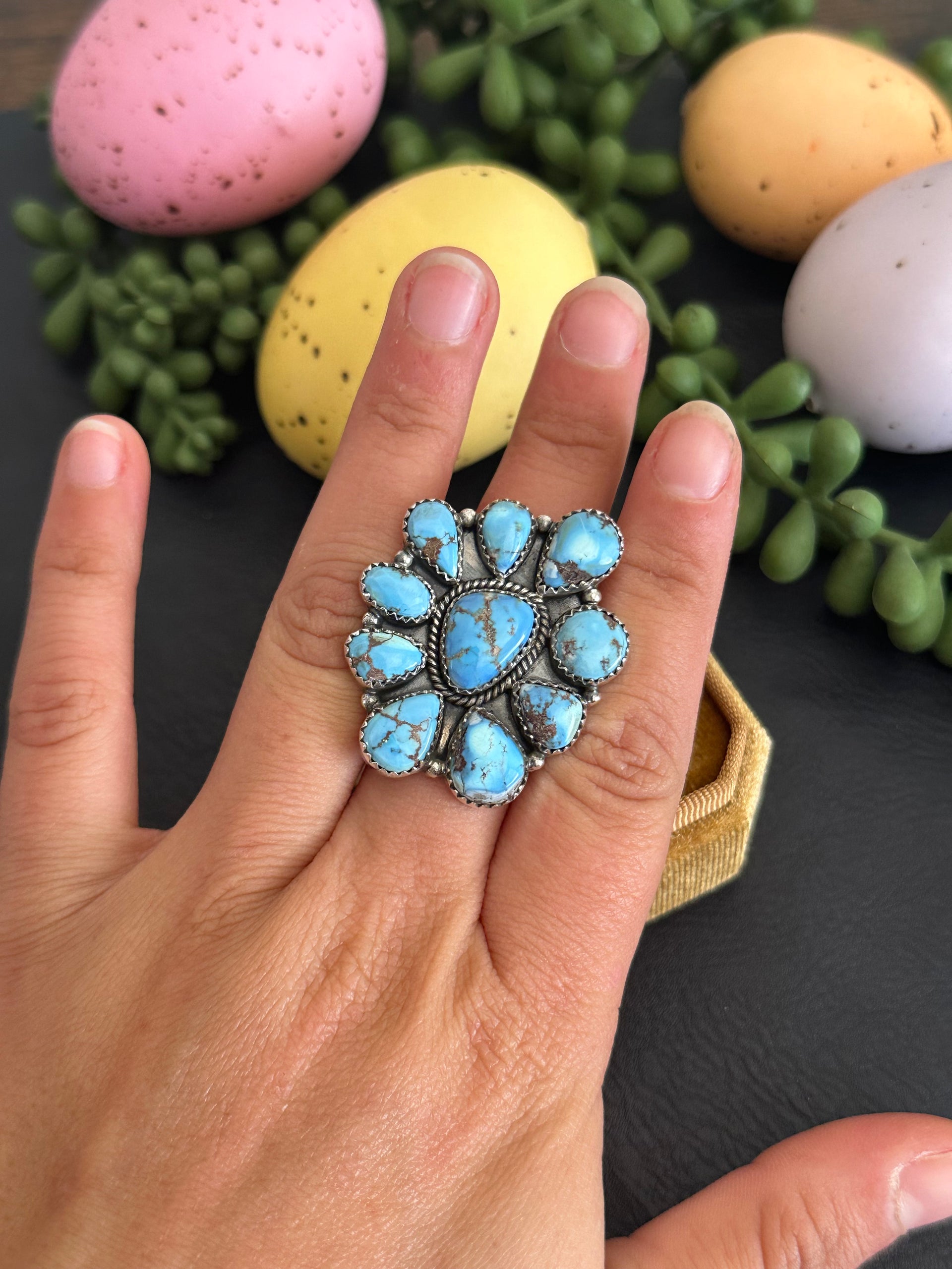 Southwest Handmade Golden Hills Turquoise & Sterling Silver Adjustable Cluster Ring