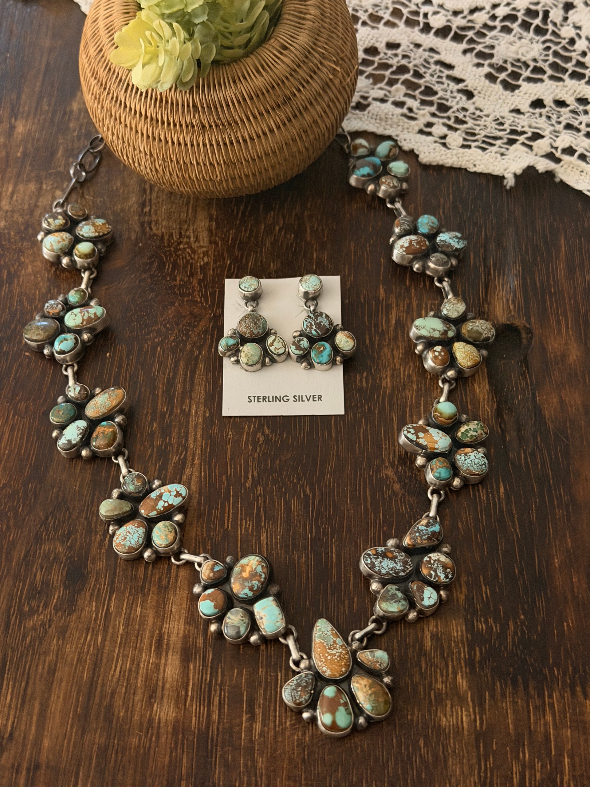 Sharon Francisco Mix Turquoise & Sterling Silver Cluster Necklace Set