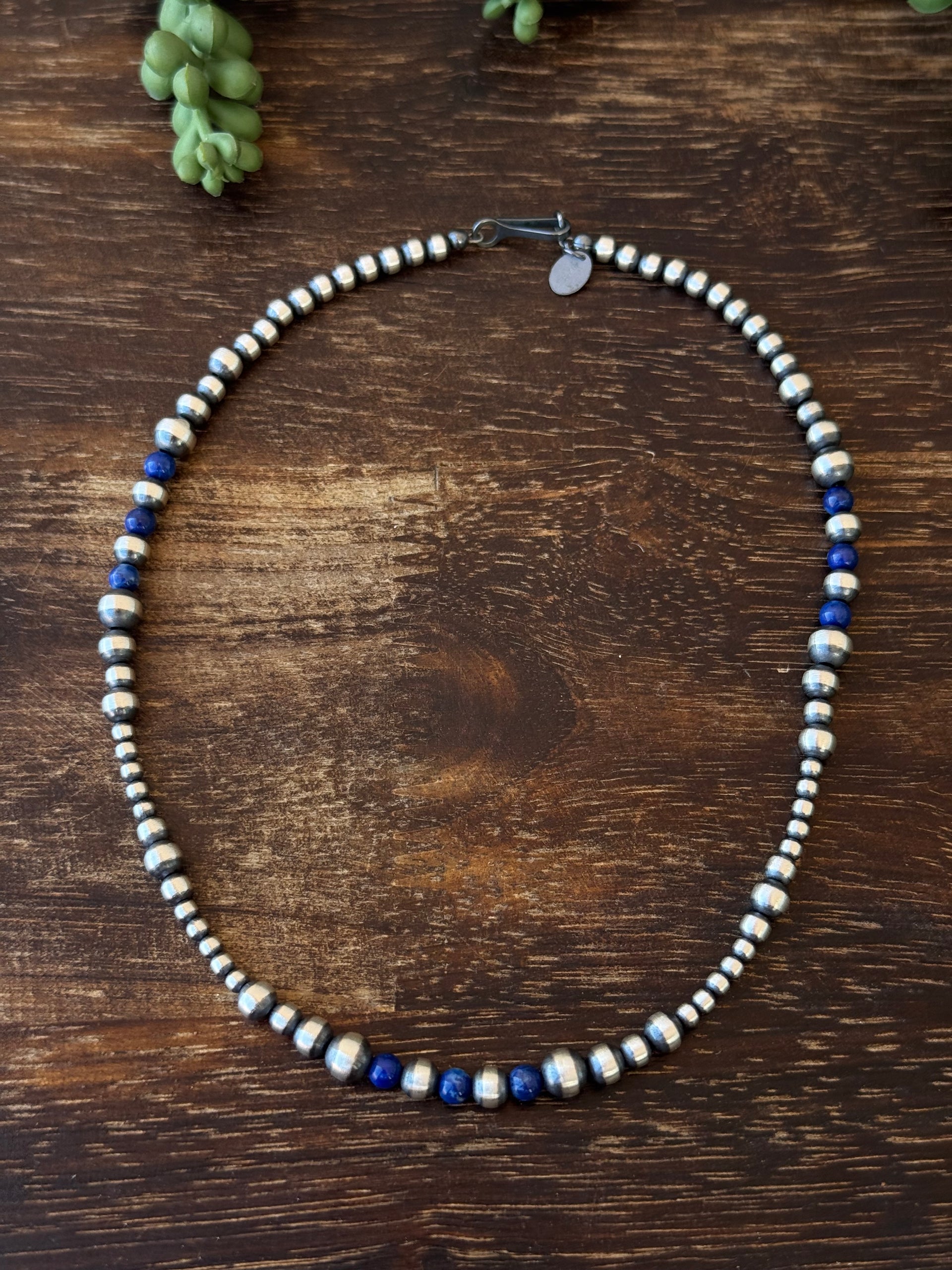 Navajo Strung Lapis & Sterling Silver Graduated Pearl Necklace