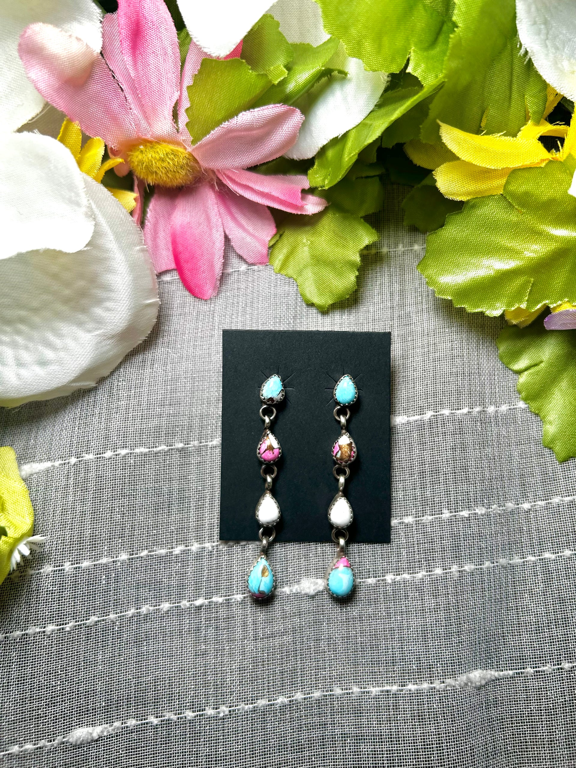 Navajo Made Cotton Candy Dahlia & Sterling Silver Post Dangle Earrings
