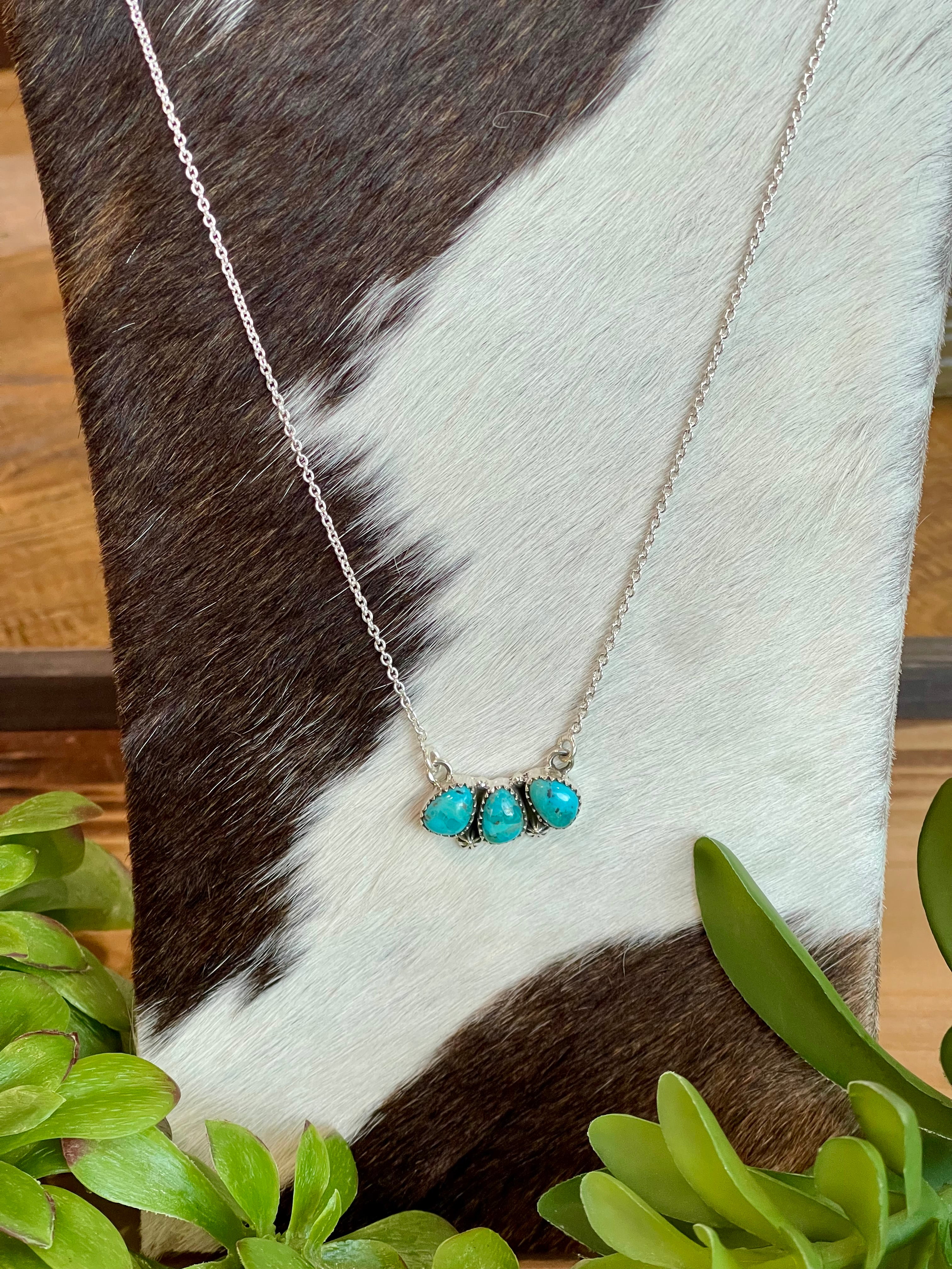 Southwest Handmade Turquoise & Sterling Silver 3 Stone Necklace