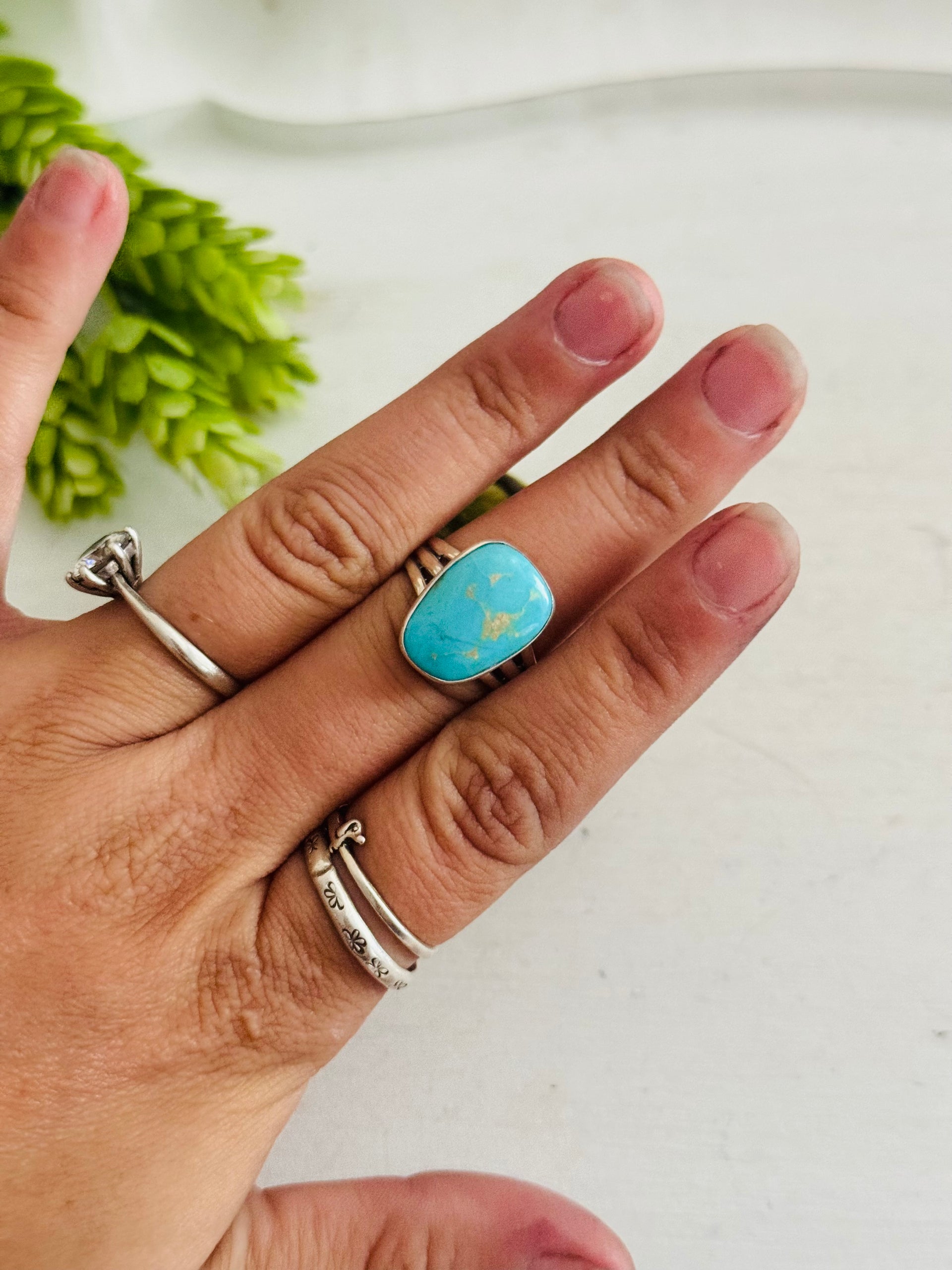 Southwest Made Kingman Turquoise & Sterling Sliver Ring Size 7.5