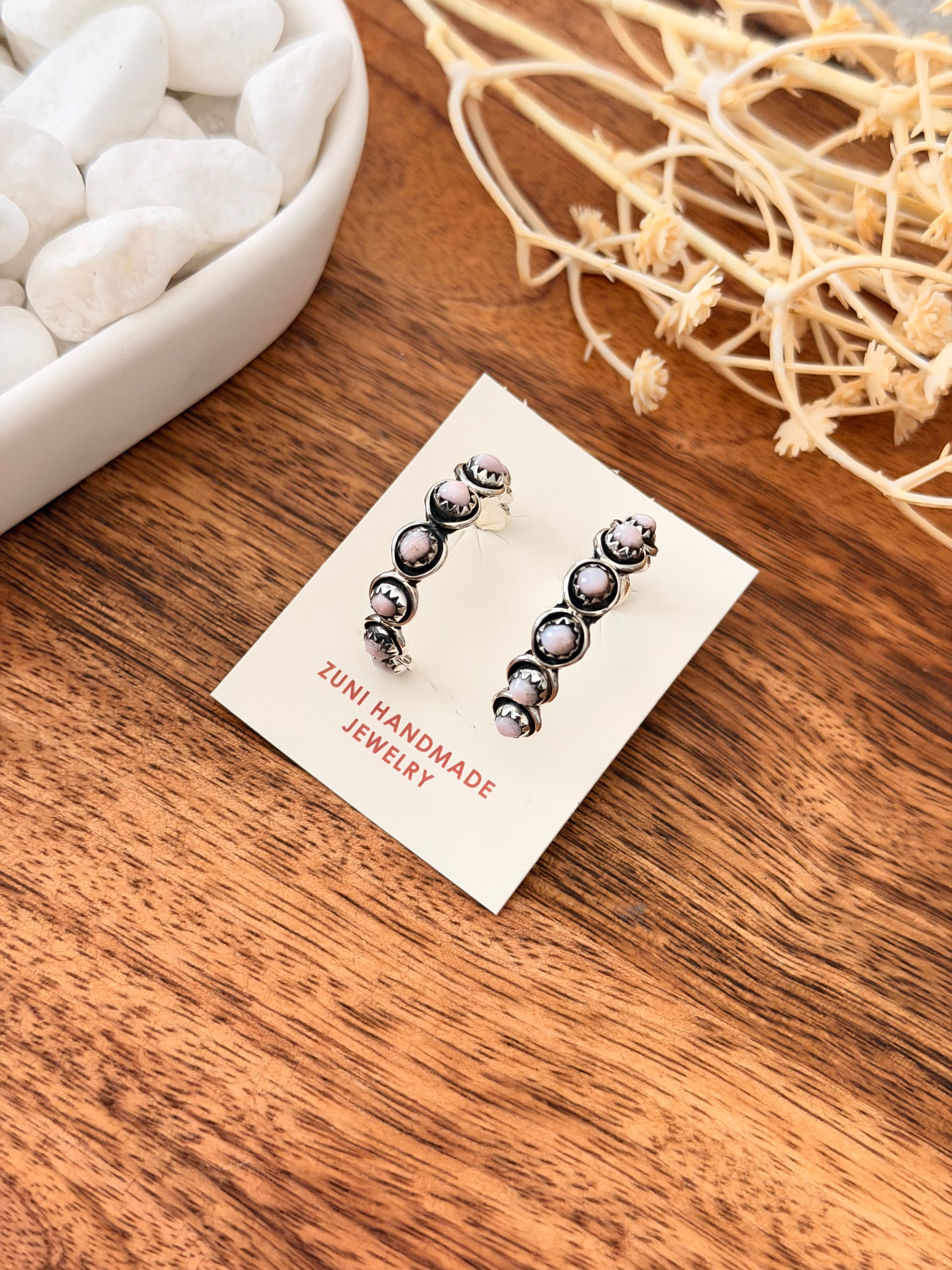 Zuni Made Pink Conch & Sterling Silver Post Hoop Earrings