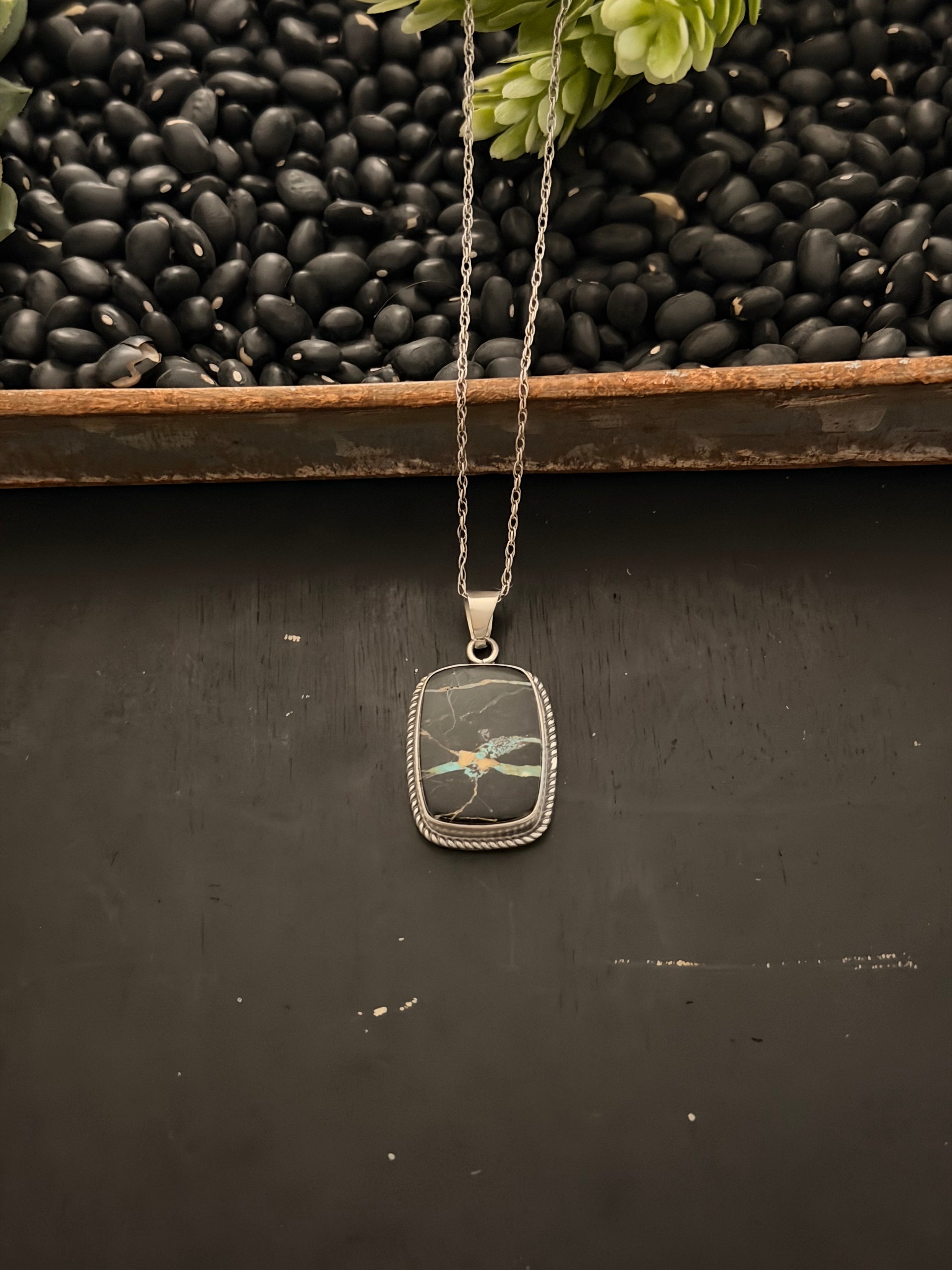 Navajo Made Black Jack Turquoise & Sterling Silver Necklace