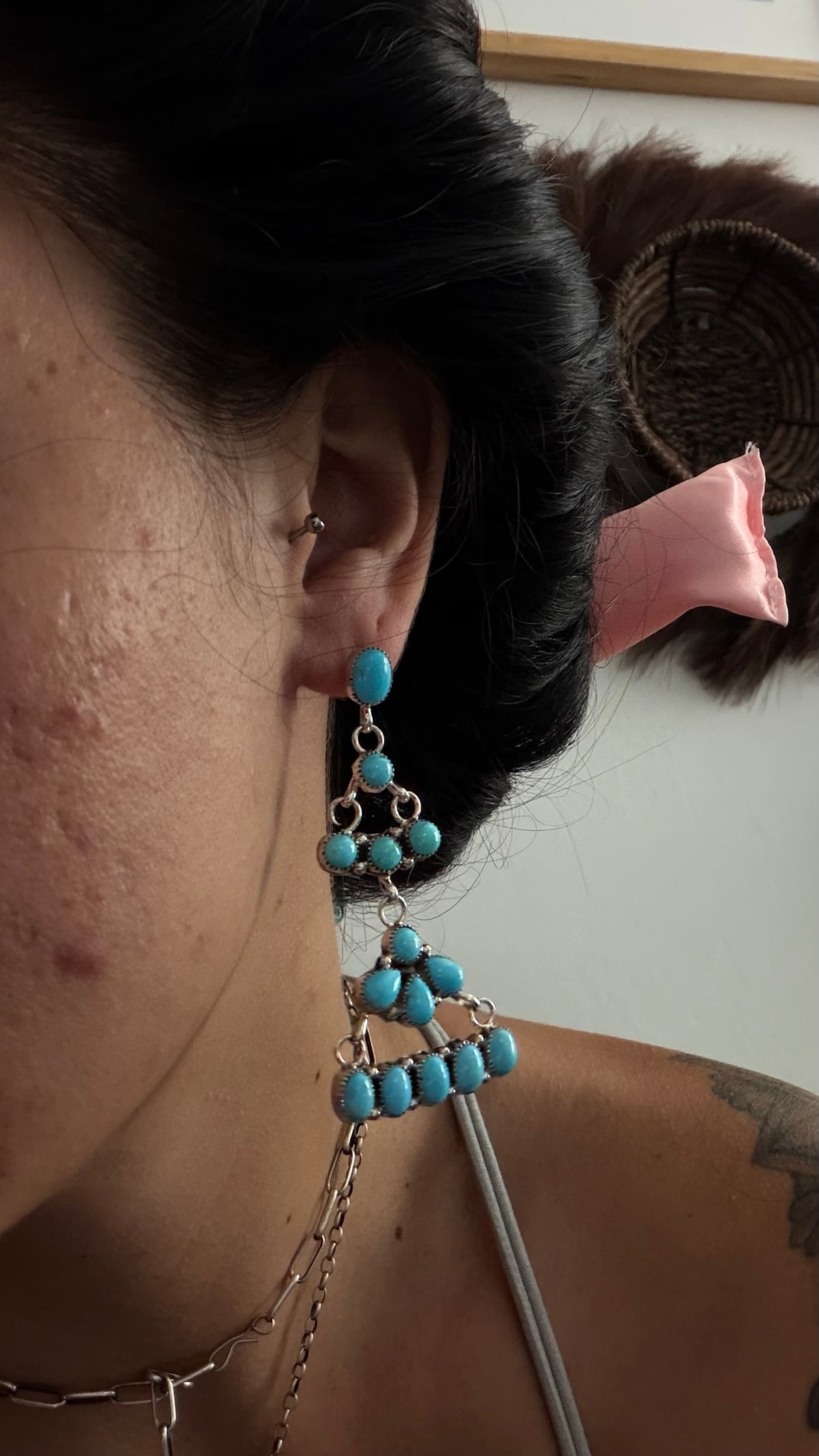 Navajo Made Sleeping Beauty Turquoise & Sterling Silver Post Dangle Cluster Earrings