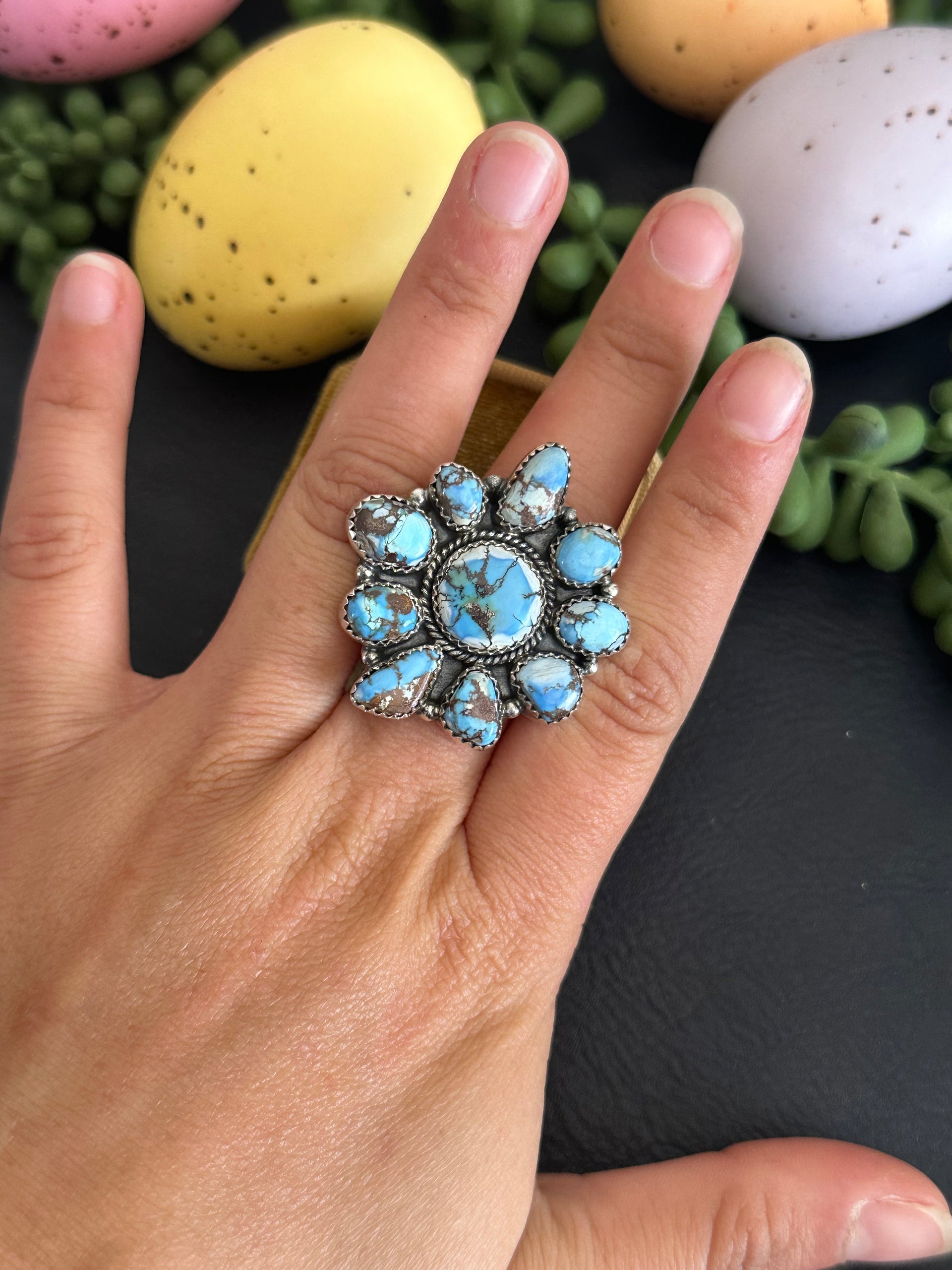 Southwest Handmade Golden Hills Turquoise & Sterling Silver Adjustable Cluster Ring