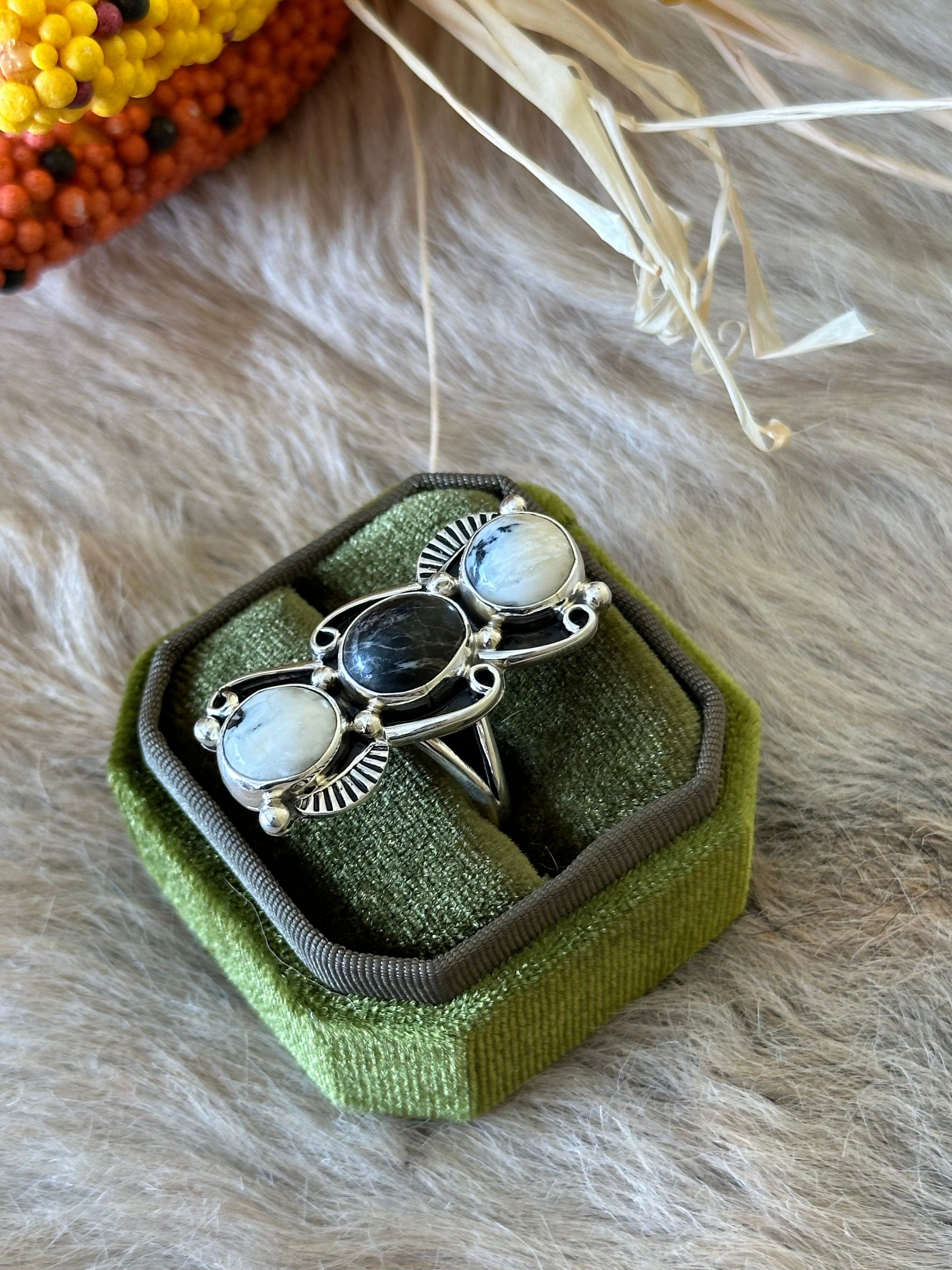 Navajo Made White Buffalo & Sterling Silver Adjustable Ring