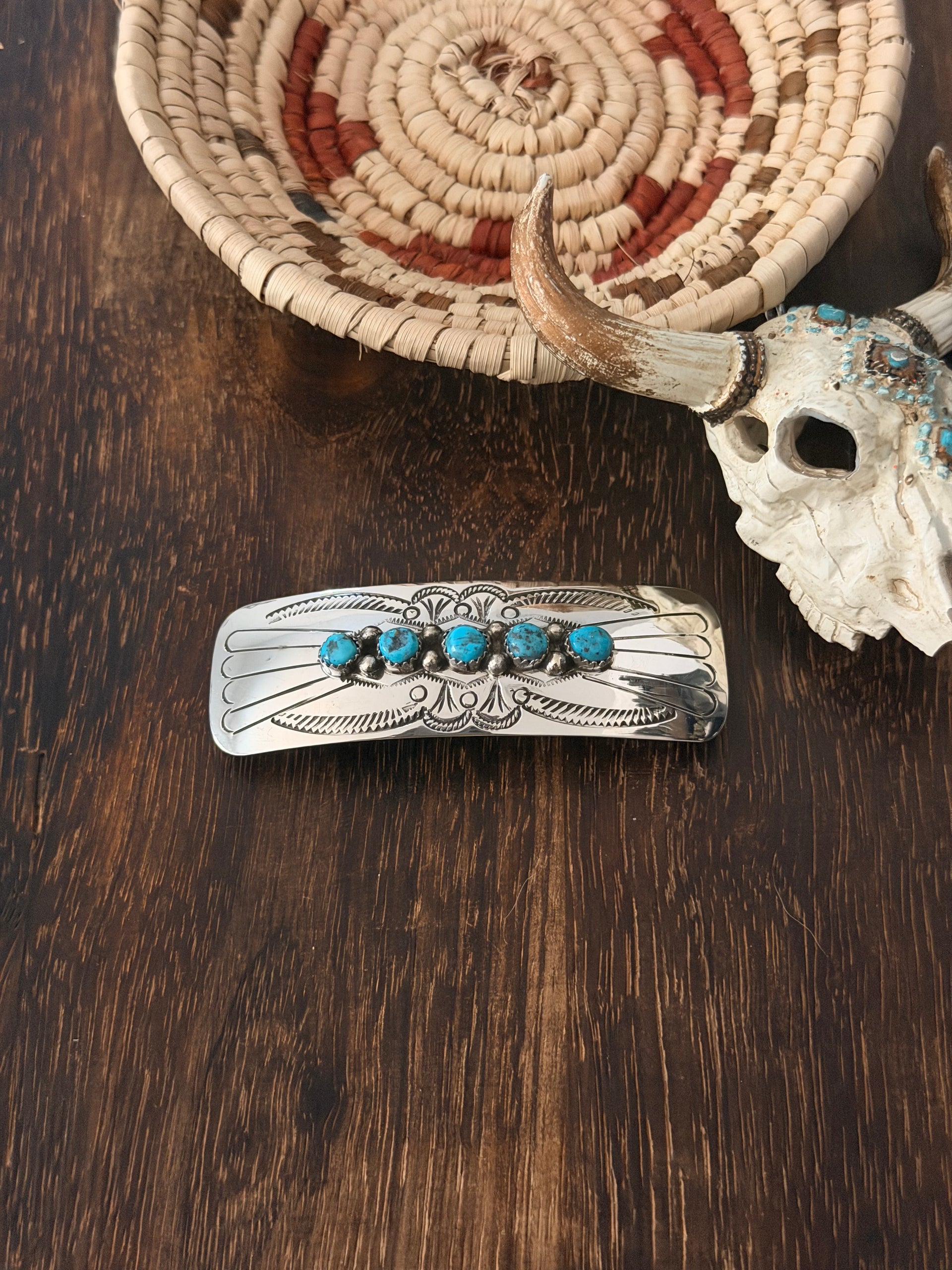 Navajo Made Kingman Turquoise & Sterling Silver Hair Barrette