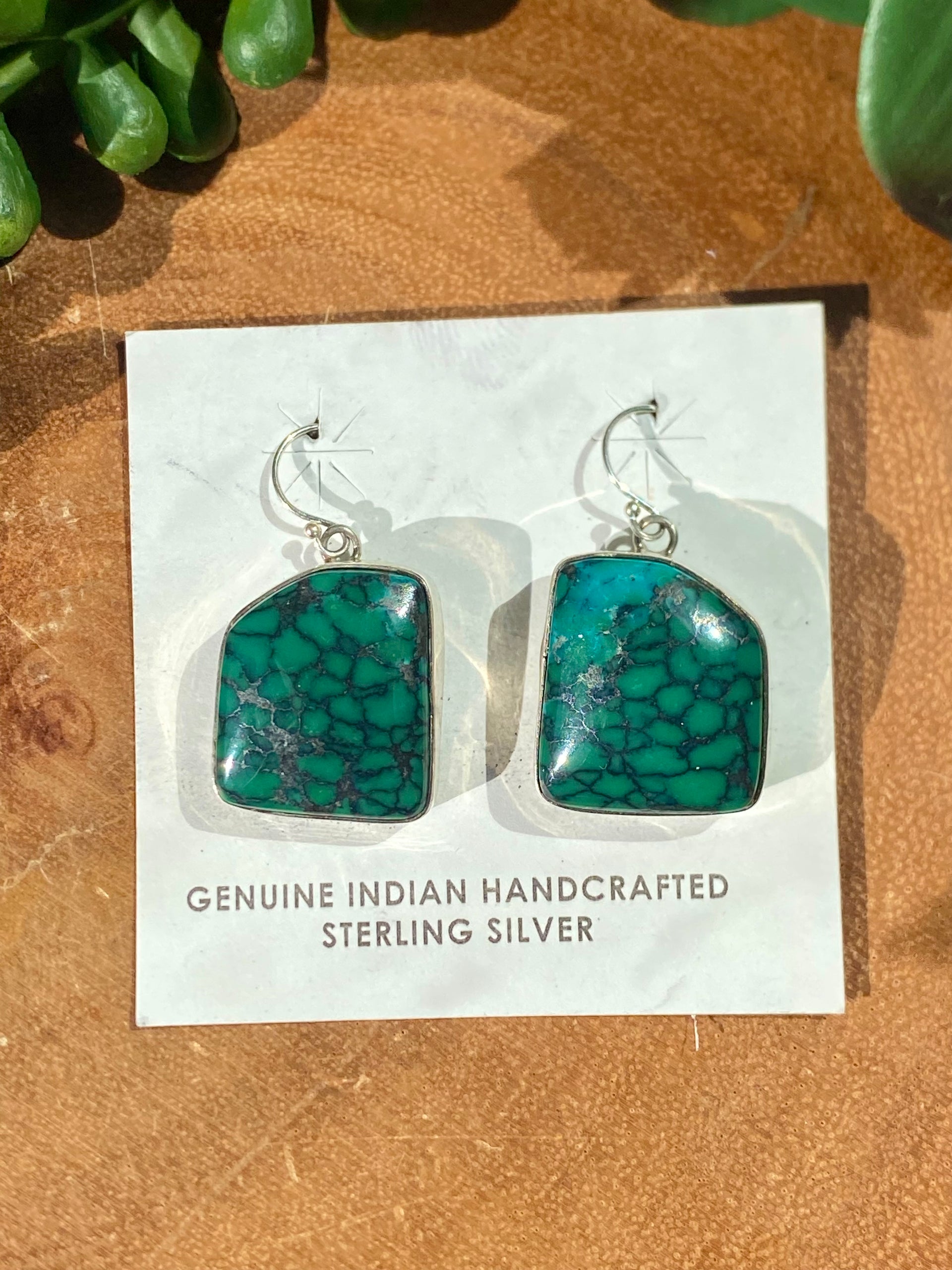 Navajo Made Hubei Turquoise & Sterling Silver Dangle Earrings