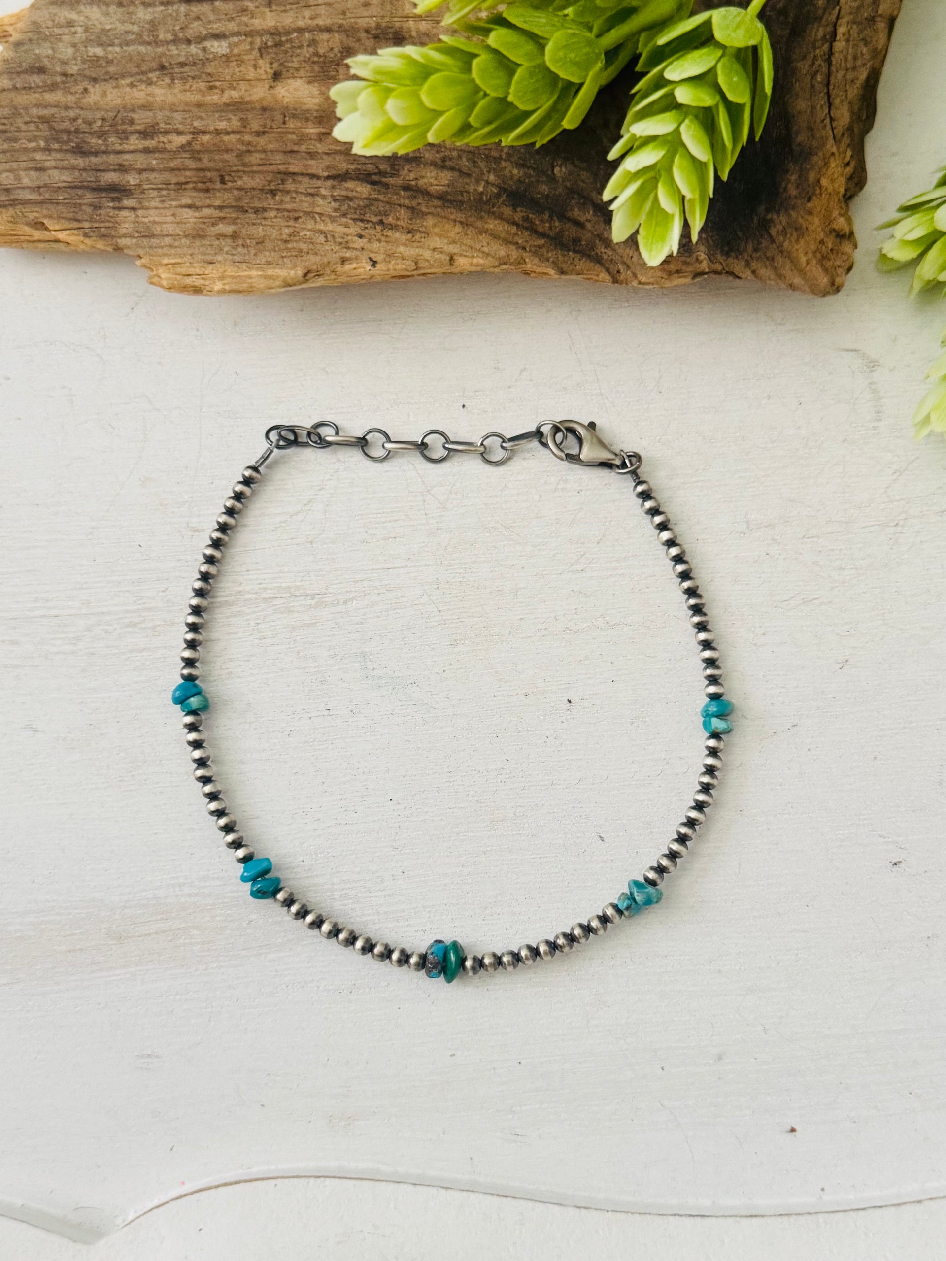 Navajo Made Kingman Turquoise & Sterling Silver Strung Anklet