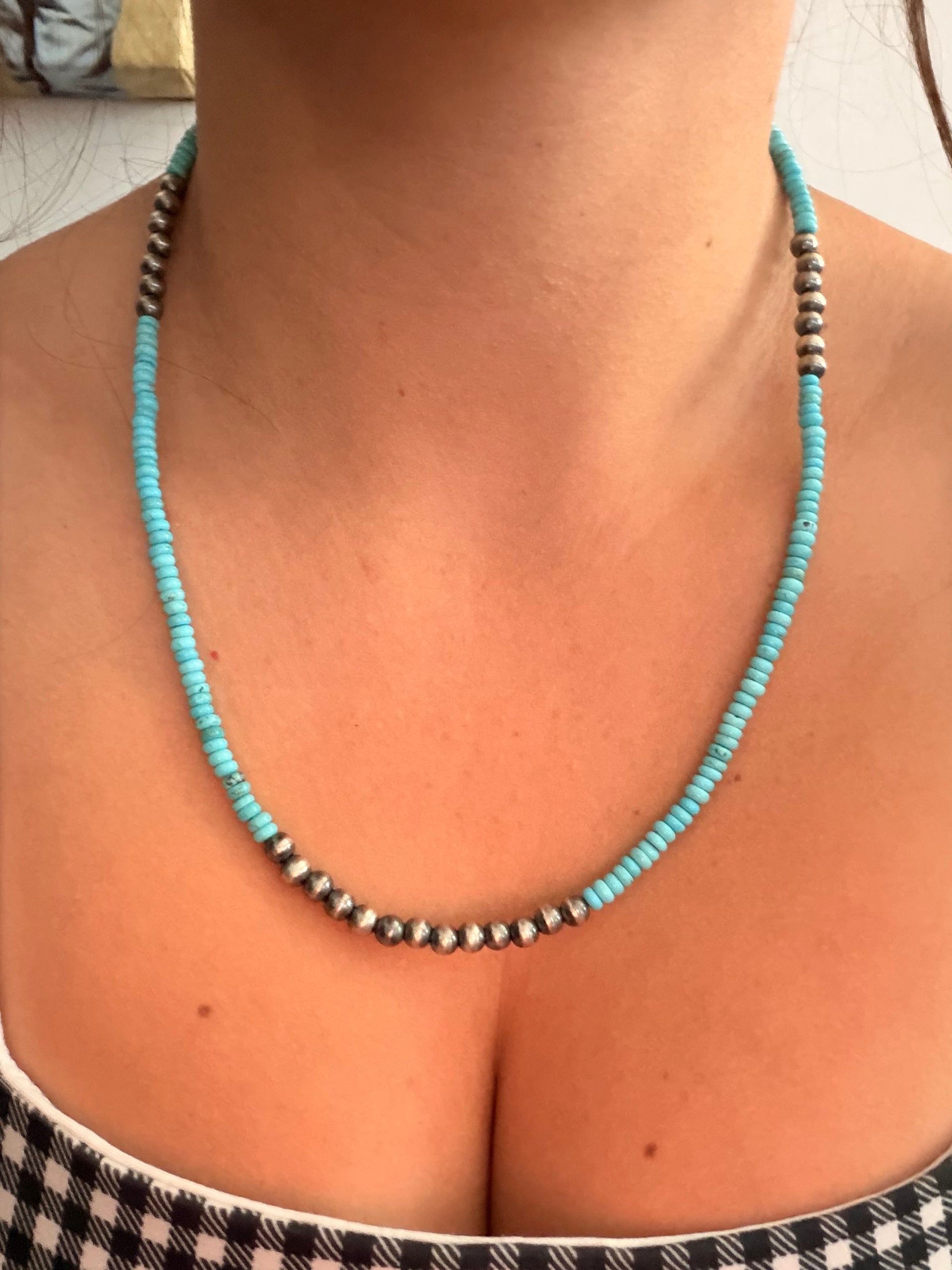 Navajo Strung Cerrilos Turquoise & Sterling Silver Pearl Necklace