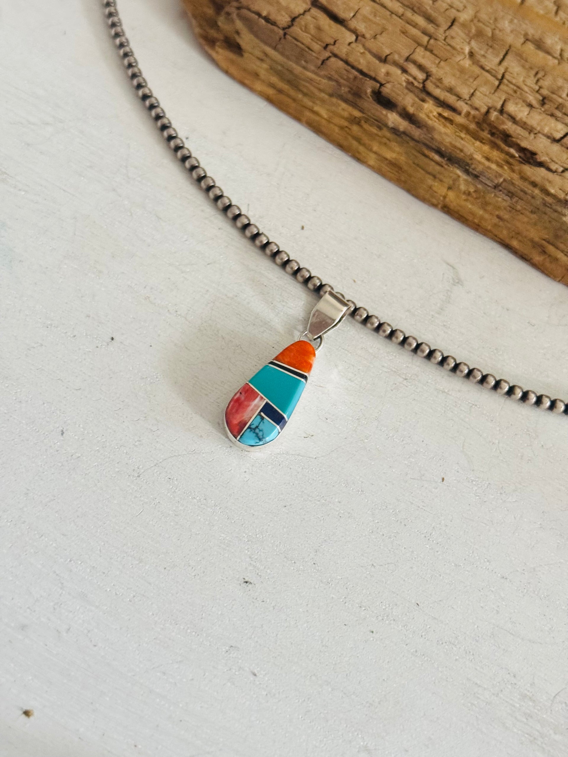 Navajo Made Multi Stone & Sterling Silver Inlay Pendant